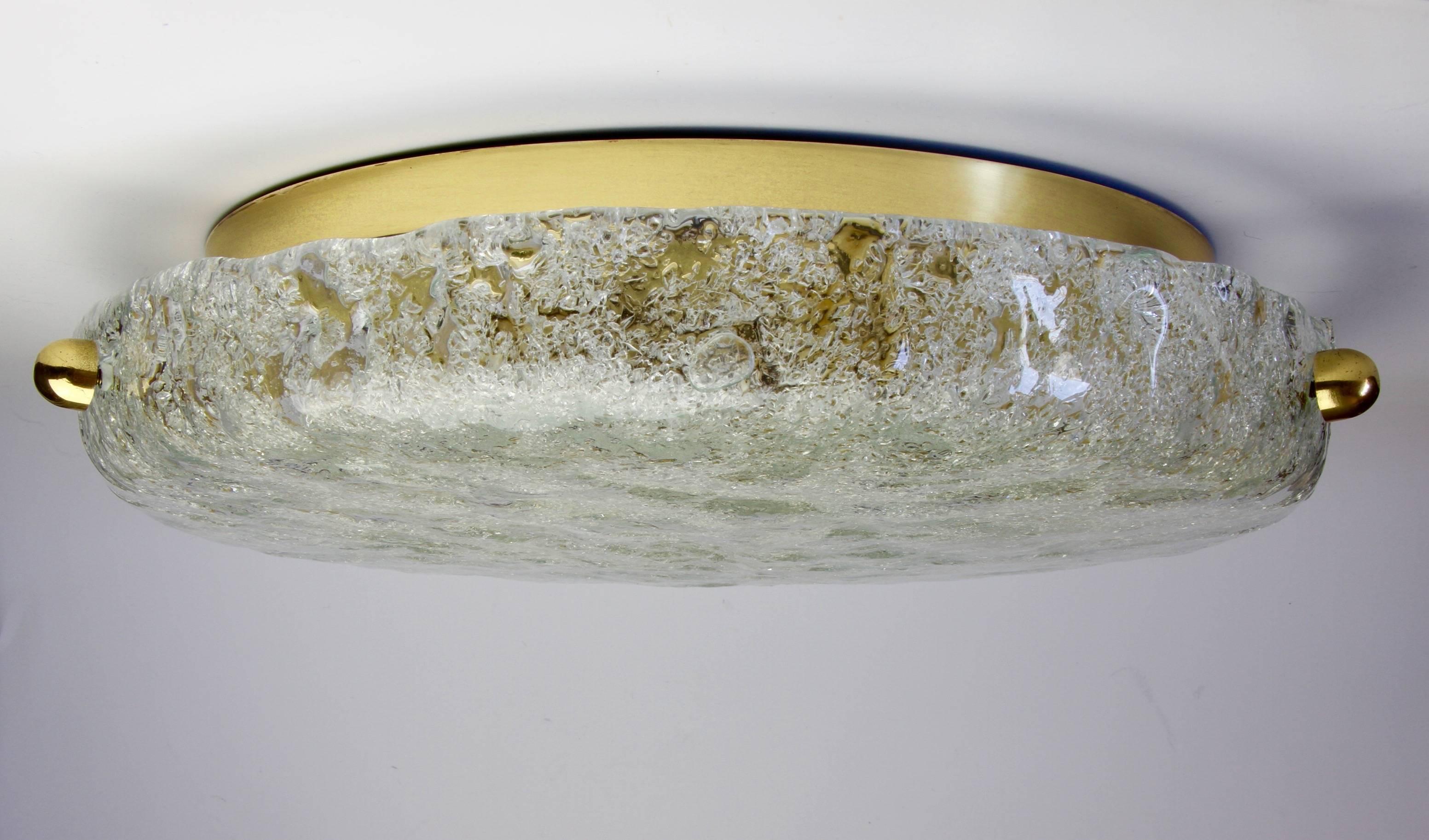 German 1970s Textured Murano Glass and Brass Flush Mount Light Fixture by Hillebrand