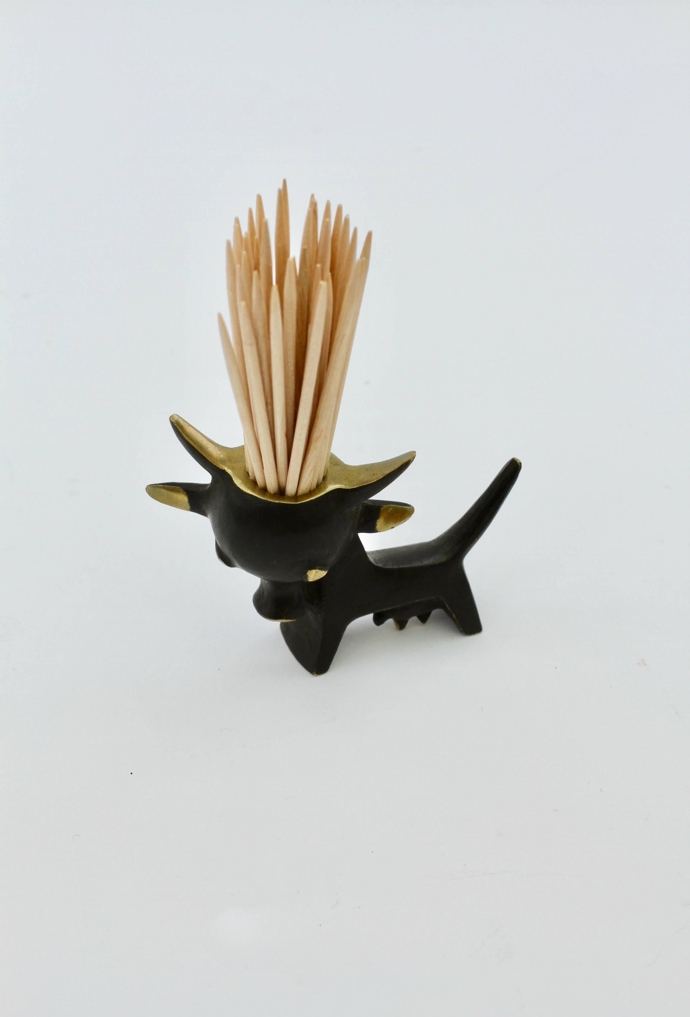 Polished Whimsical Brass Cow Toothpick Holder by Walter Bosse for Baller, circa 1950s