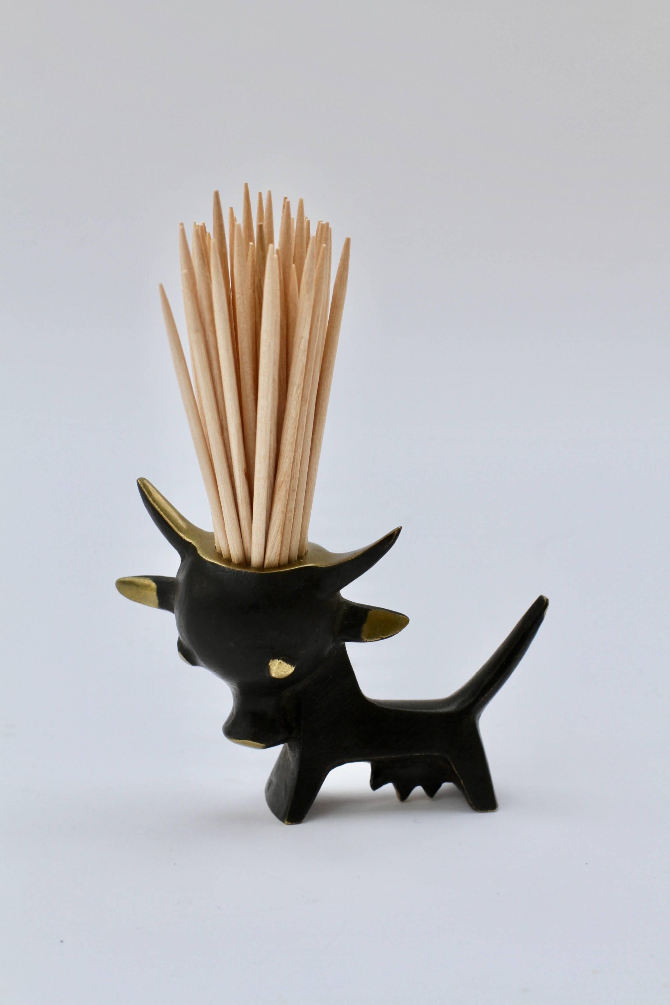 Austrian Whimsical Brass Cow Toothpick Holder by Walter Bosse for Baller, circa 1950s
