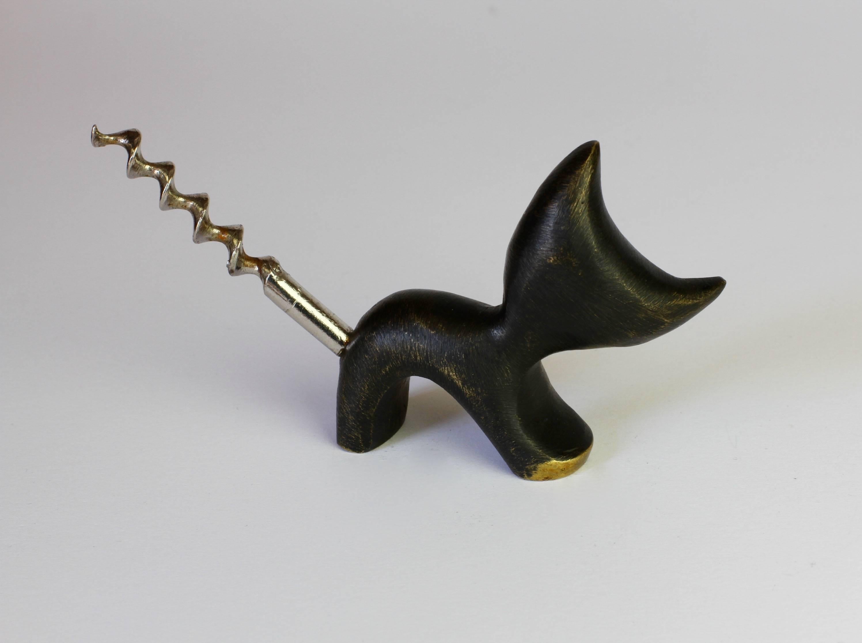 Mid-Century Modern Whimsical Brass Cat Corkscrew by Walter Bosse for Hertha Baller, circa 1950s