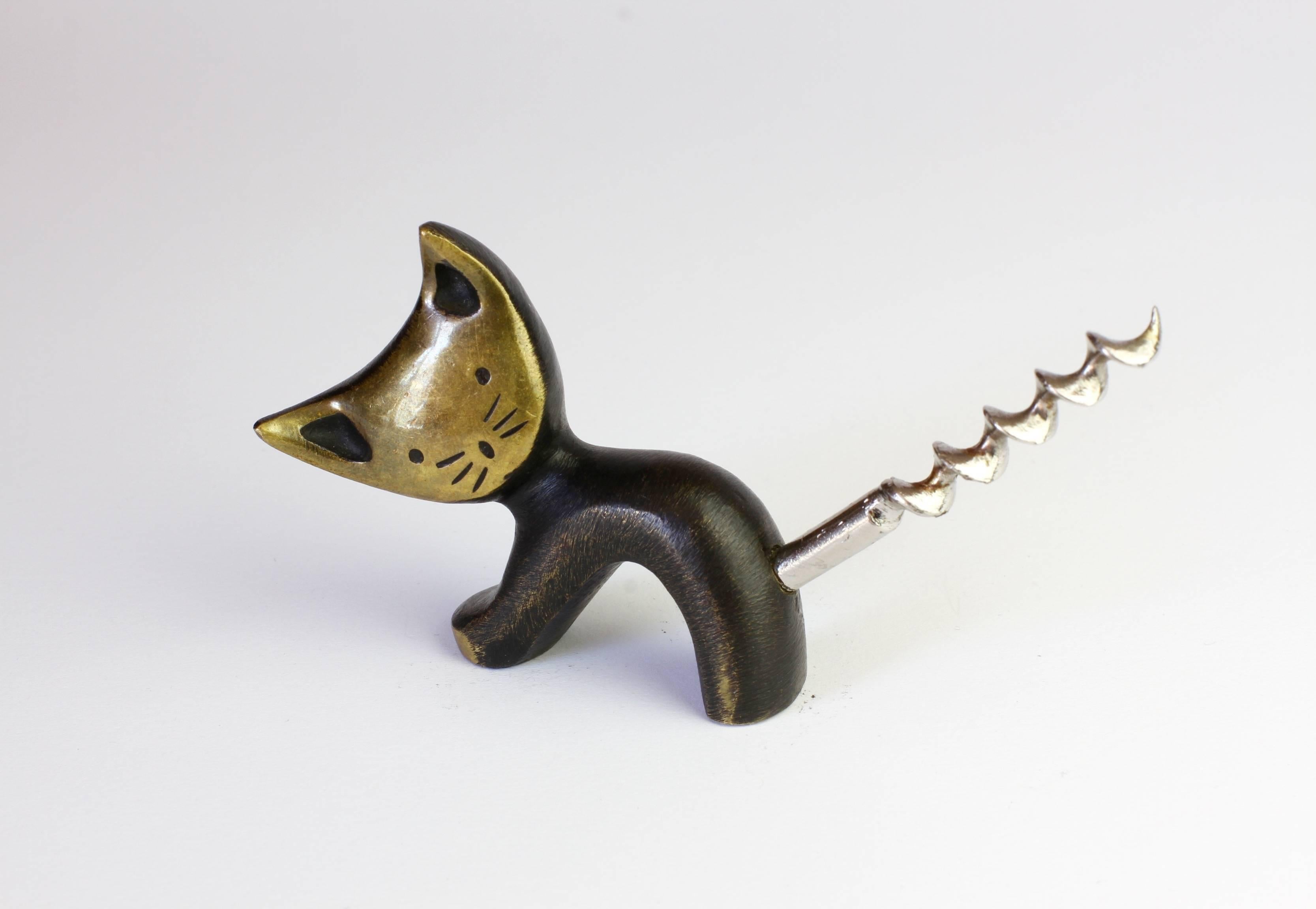 Austrian Whimsical Brass Cat Corkscrew by Walter Bosse for Hertha Baller, circa 1950s