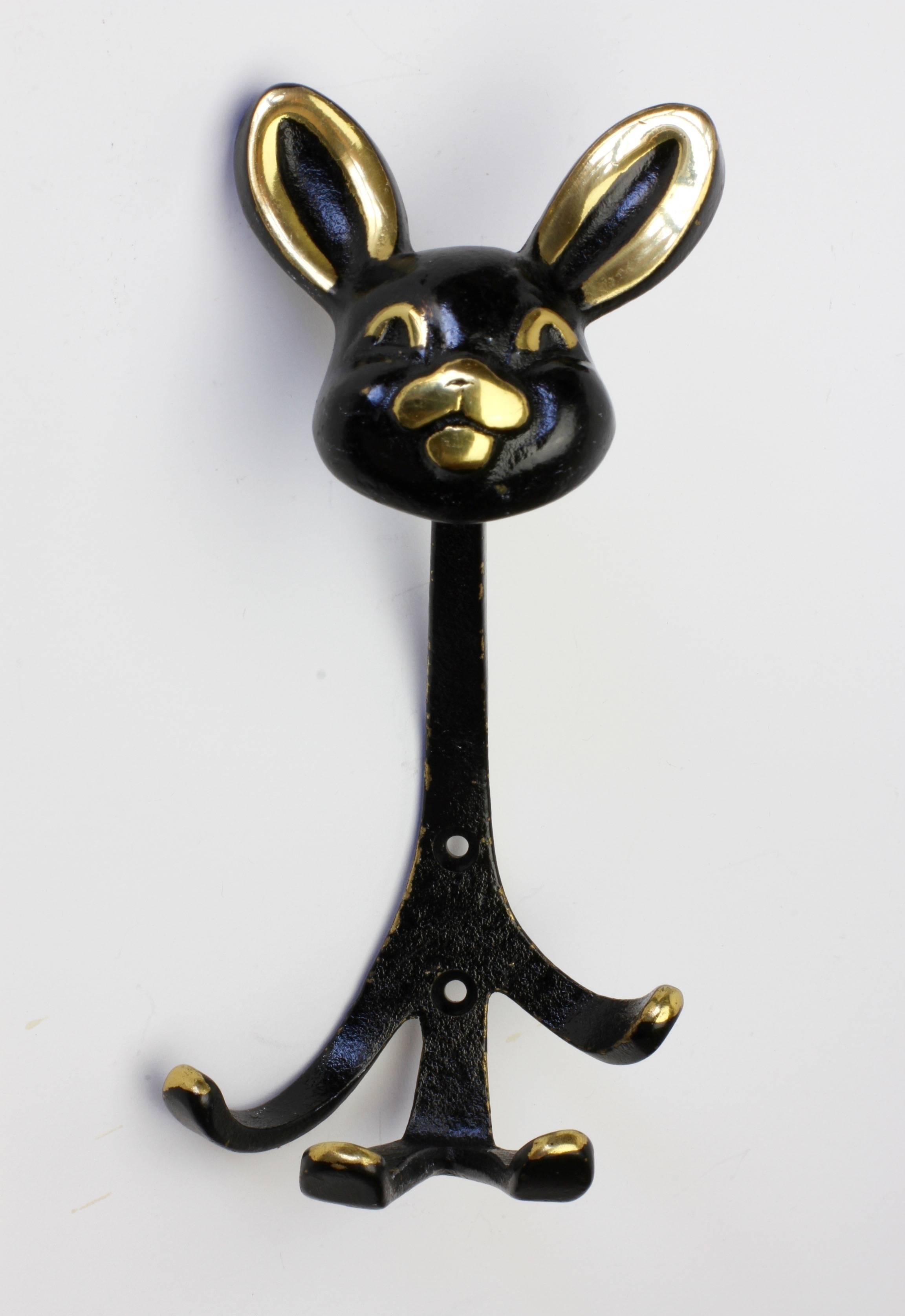 A rare Walter Bosse hook in the form of a rabbit. What better way is there to bring some joy into a room than with a fabulous brass wall hook by Walter Bosse. Whether a hallway, bathroom of children's bedroom/playroom, this delightful hook is almost
