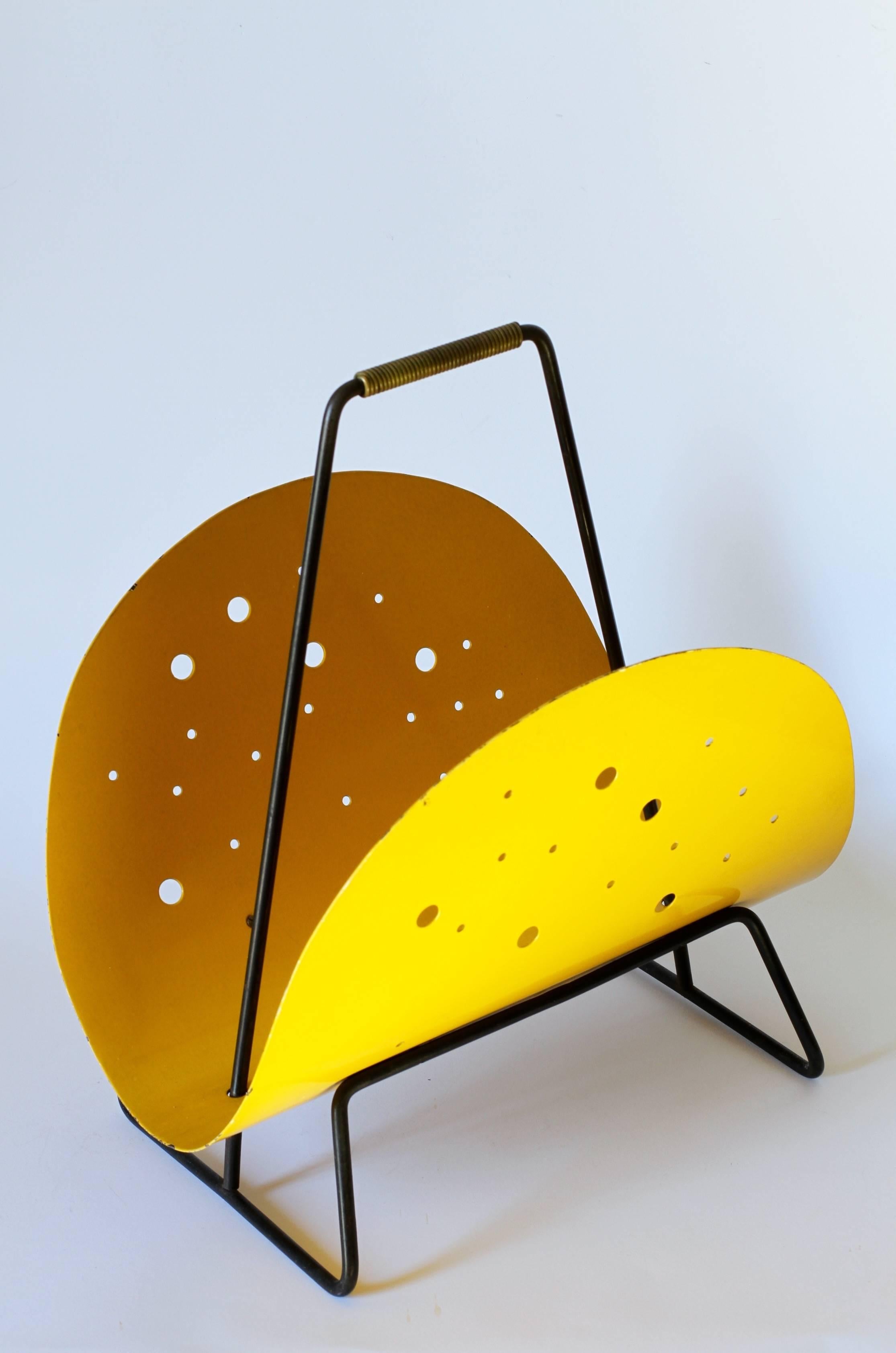 Mid-Century Modern 1950s Perforated Yellow Metal Magazine Holder/Stand in the Style of Matégot For Sale