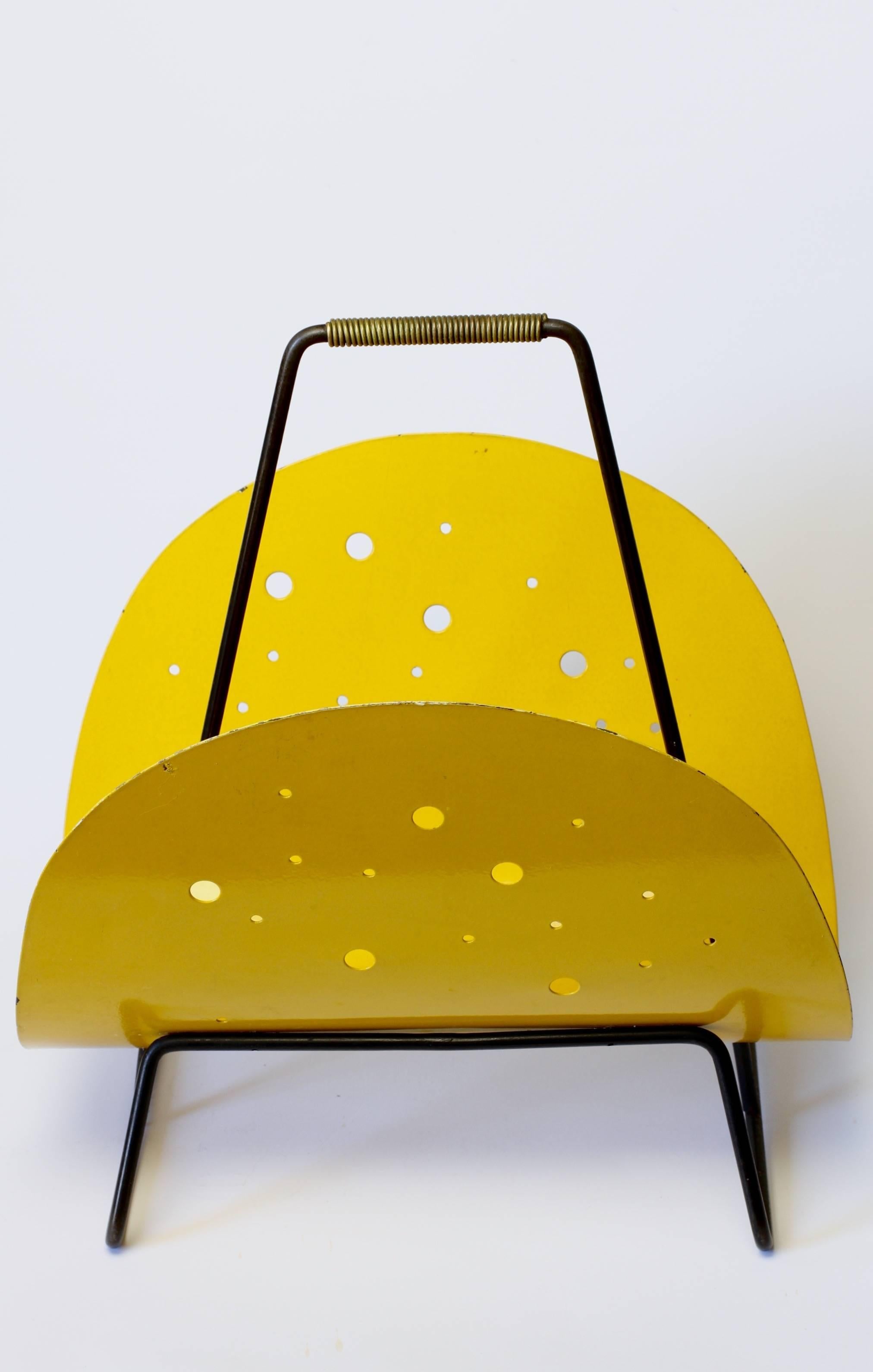 Mid-Century Modern 1950s Perforated Yellow Metal Magazine Holder/Stand in the Style of Matégot For Sale