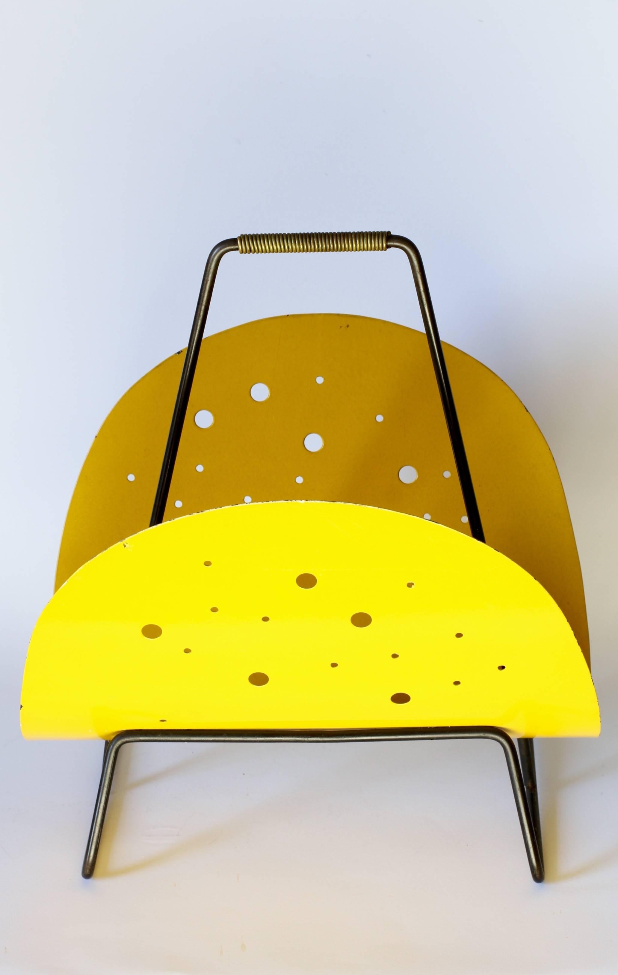 Painted 1950s Perforated Yellow Metal Magazine Holder/Stand in the Style of Matégot For Sale