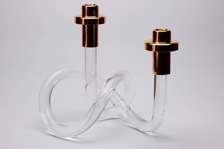 Gold and Lucite Twisted Pretzel Candlestick Holder/Candelabra by