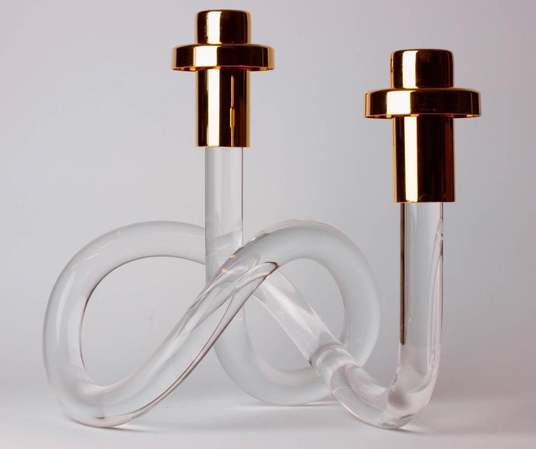 Gold and Lucite Twisted Pretzel Candlestick Holder/Candelabra by