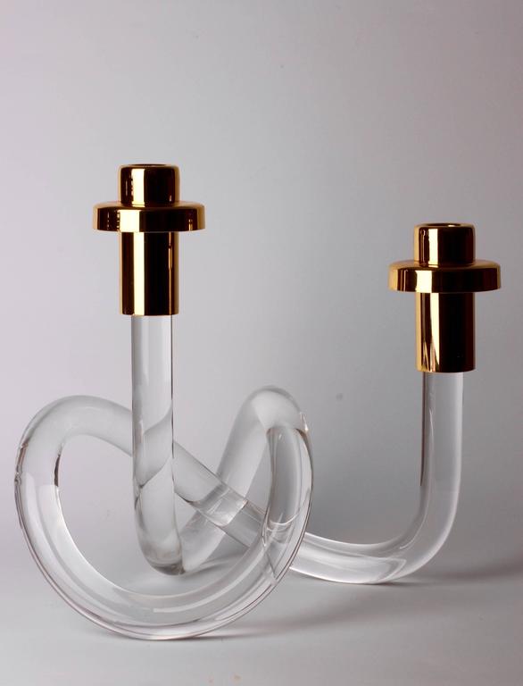 Gold and Lucite Twisted Pretzel Candlestick Holder/Candelabra by