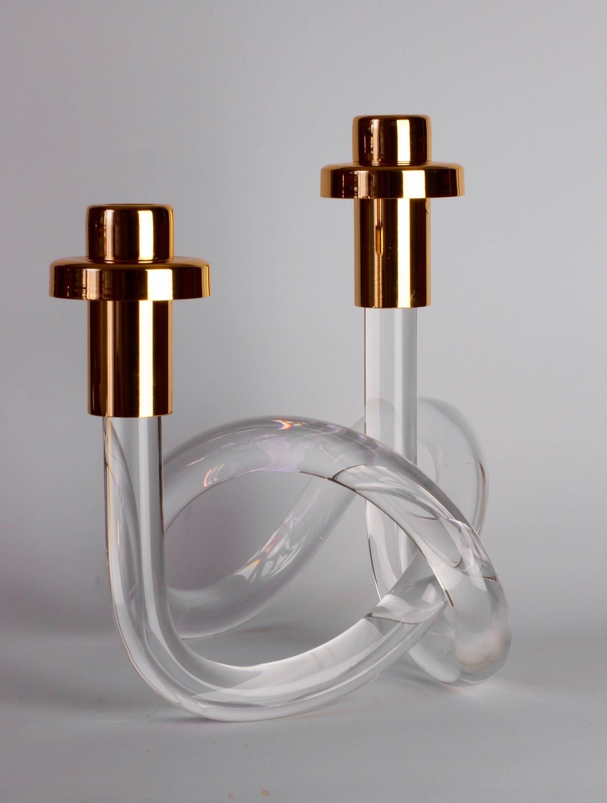 Plated Gold and Lucite Twisted Pretzel Candlestick Holder/Candelabra by Dorothy Thorpe