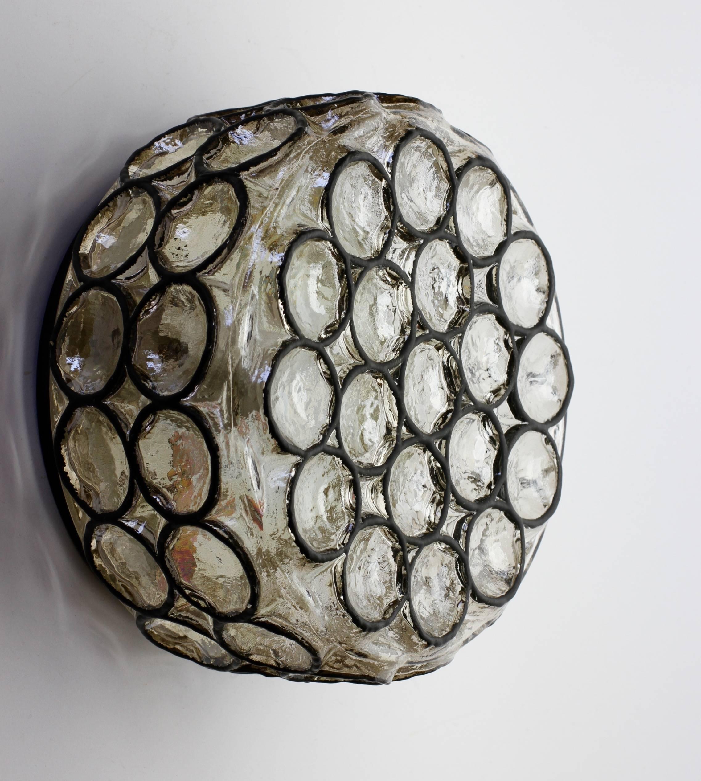 Molded One of a Pair of Circular Iron Rings & Glass Flush Mount Lights by Limburg 1960s