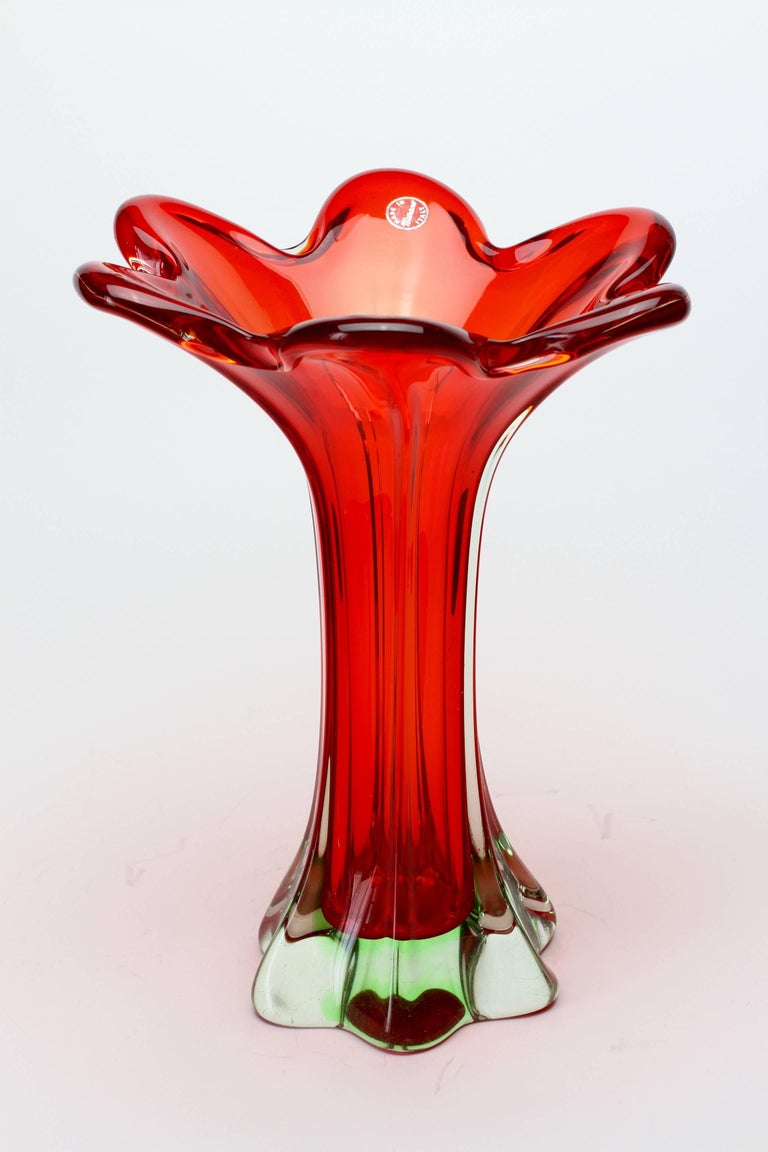 Tall Vintage Italian Mid Century Red Murano Sommerso Glass