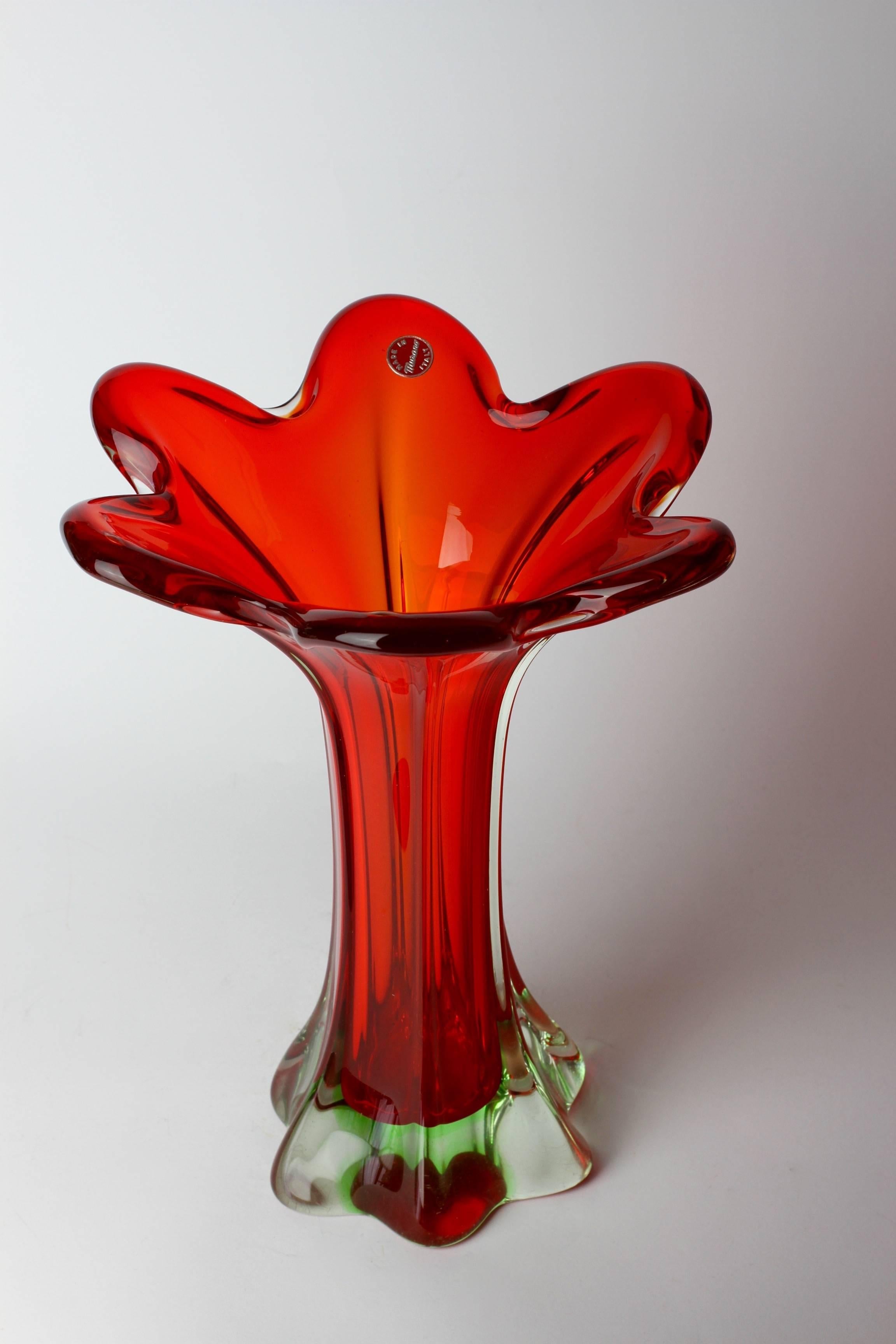Mid-Century Modern Tall Vintage Italian Mid-Century Red Murano Sommerso Glass Vase