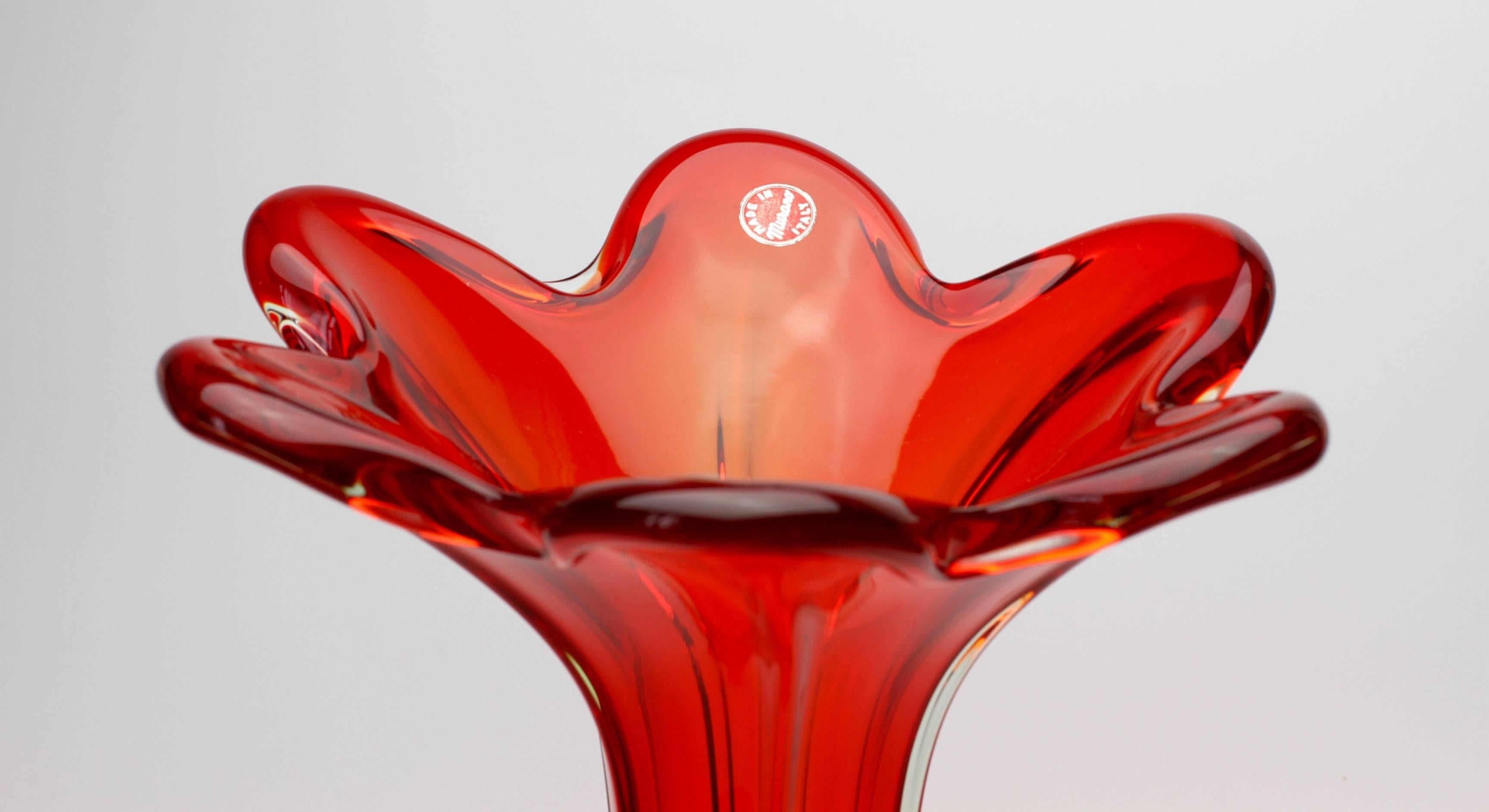 20th Century Tall Vintage Italian Mid-Century Red Murano Sommerso Glass Vase