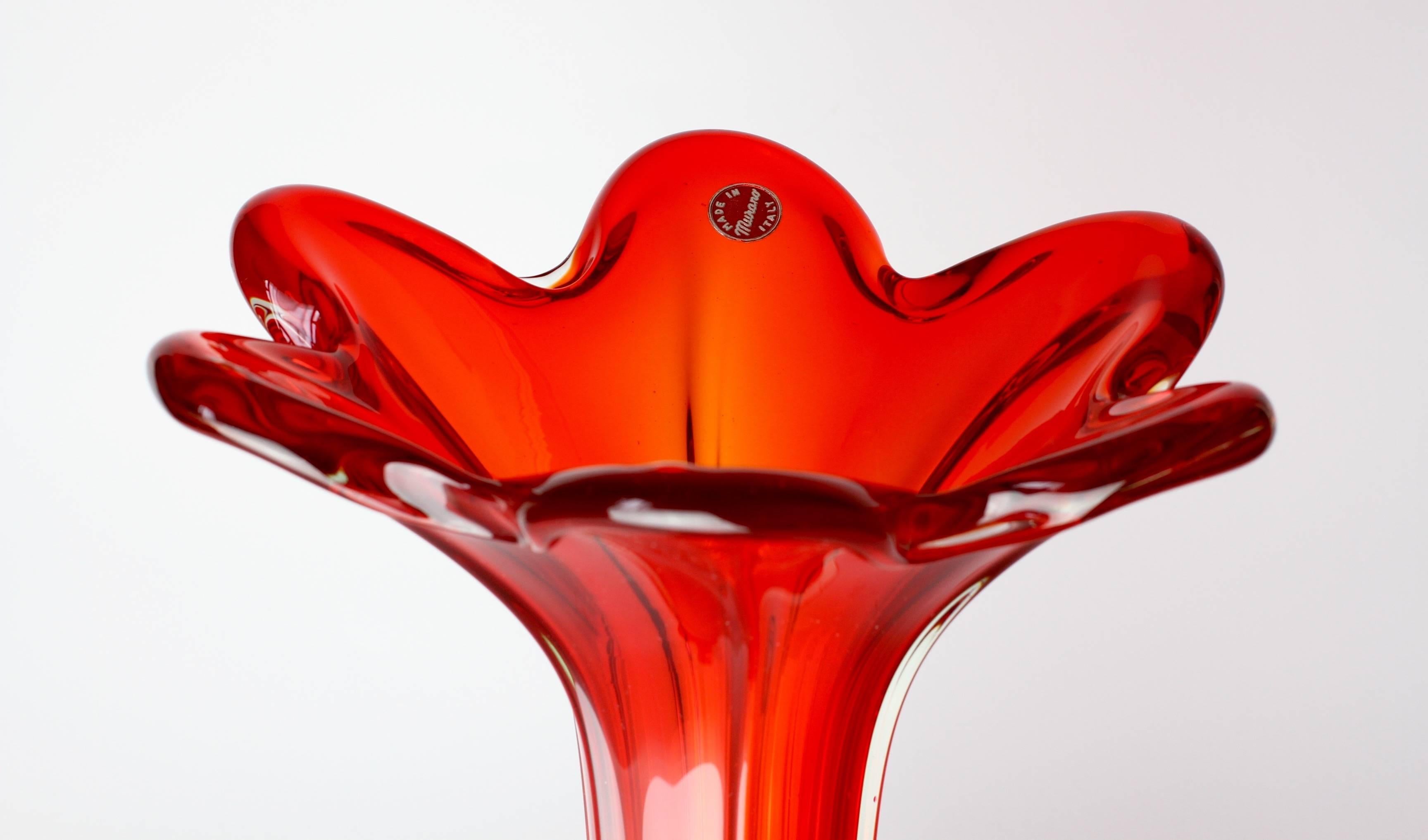 Murano Glass Tall Vintage Italian Mid-Century Red Murano Sommerso Glass Vase