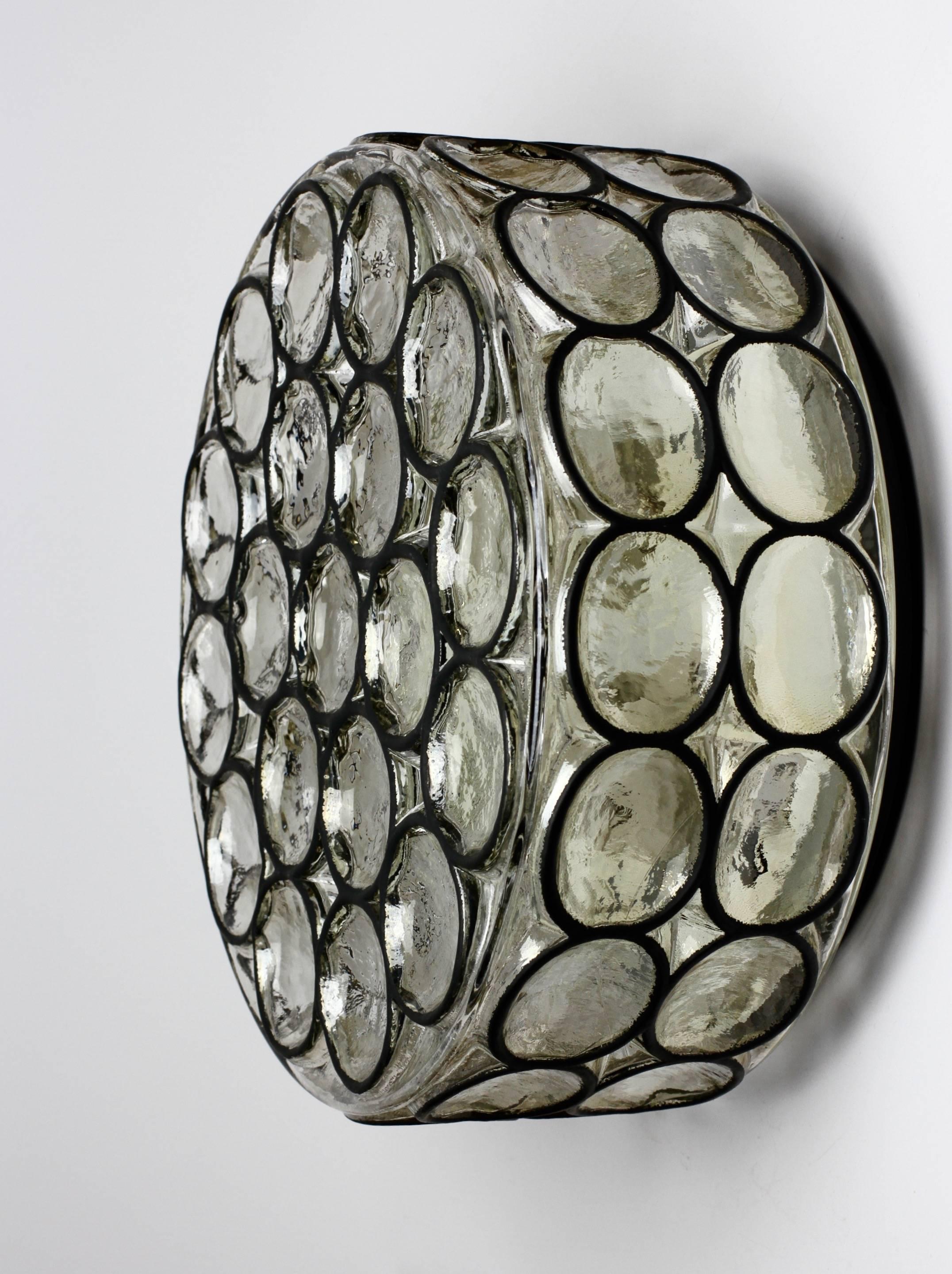 German Large Circular Iron Rings & Glass Flush Mount Light or Sconce by Limburg, 1960s