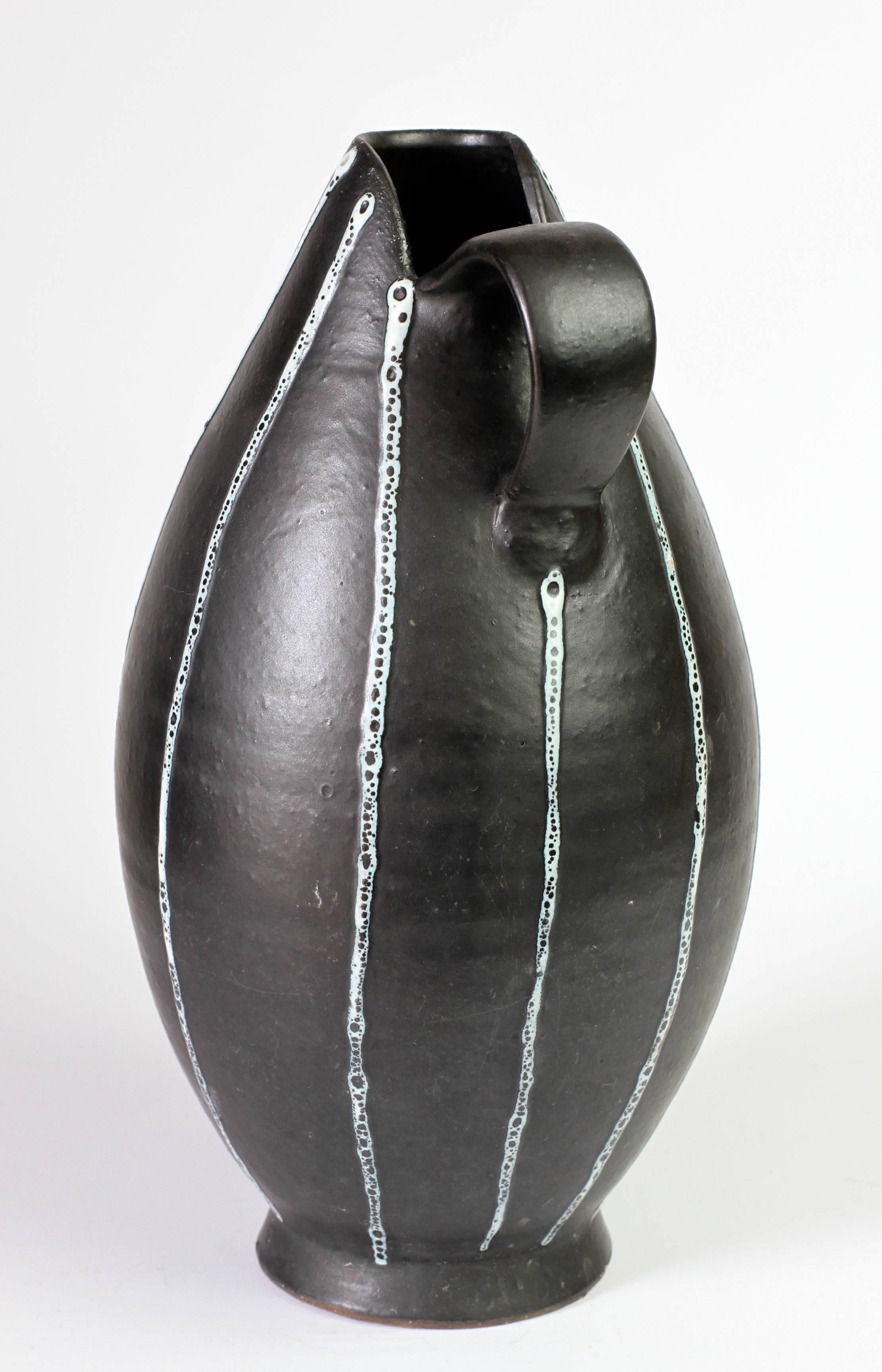 Mid-Century Modern Mid-Century Hand Thrown Black and White 'Pinstripe' Pitcher or Vase, circa 1950s
