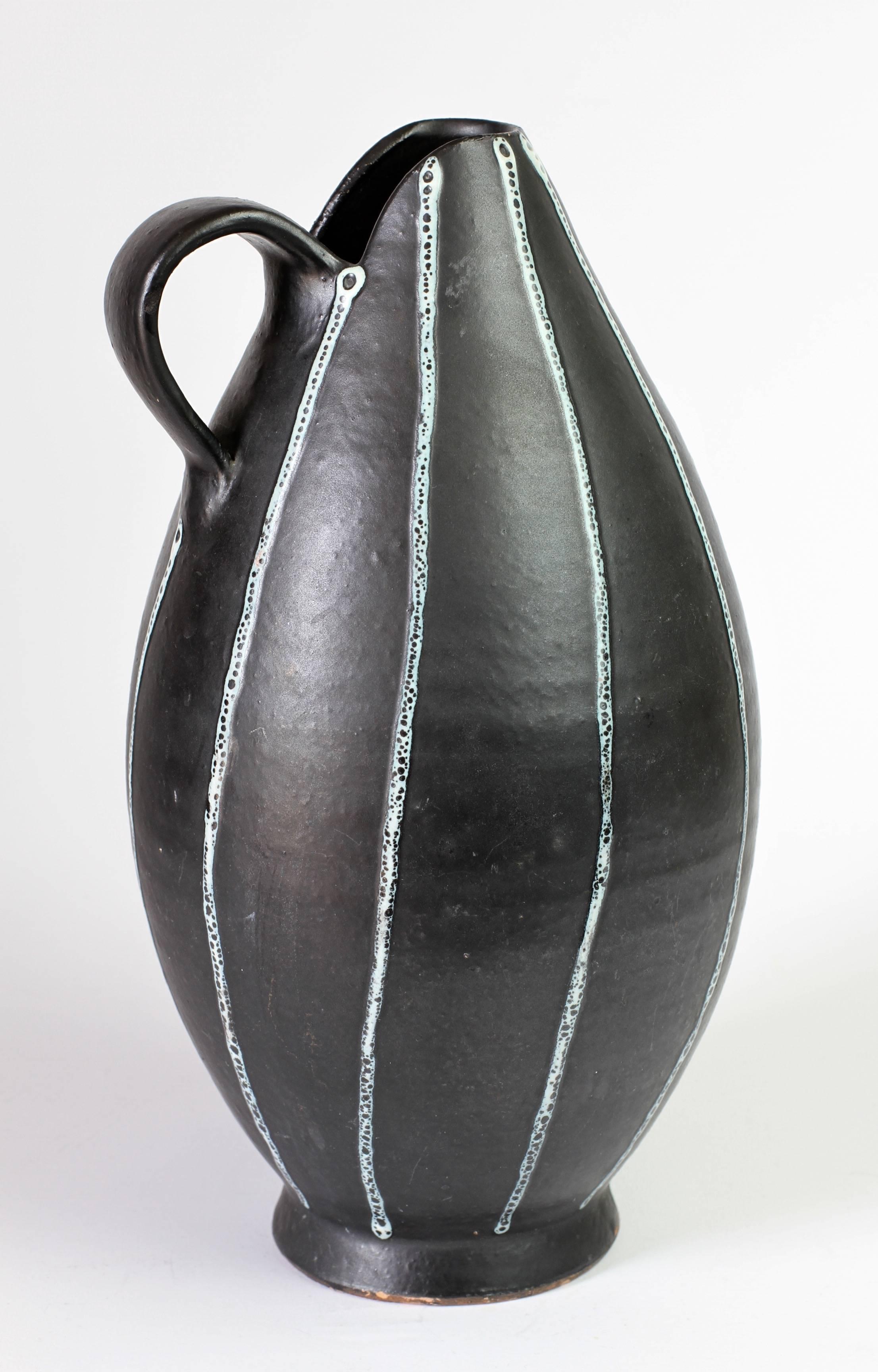 Hand-Crafted Mid-Century Hand Thrown Black and White 'Pinstripe' Pitcher or Vase, circa 1950s