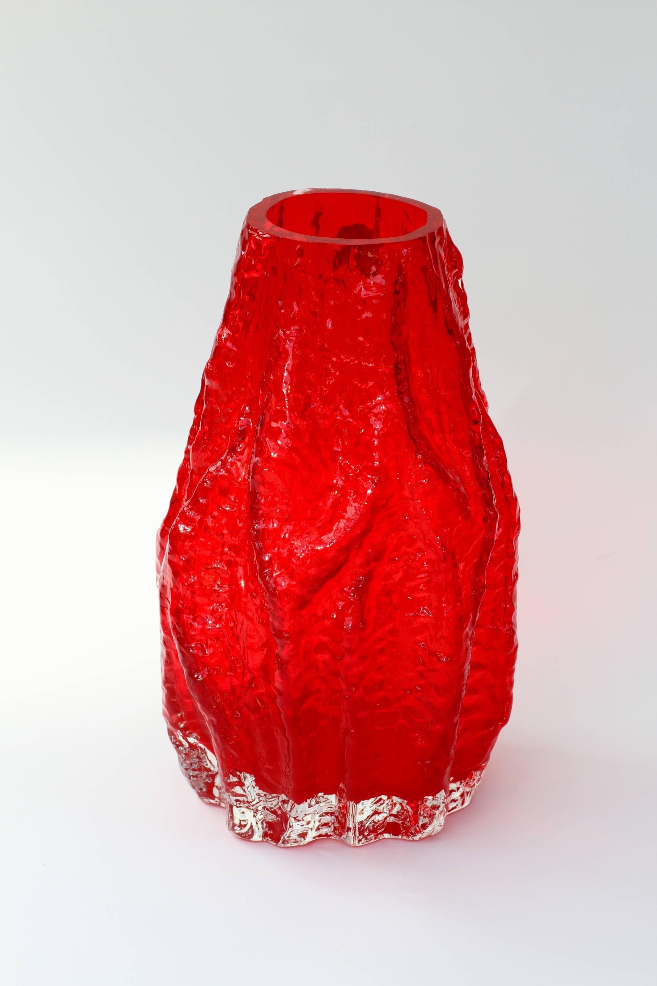Mid-Century Modern Vintage German Vibrant Red Glass Tree Bark Vase by Ingrid Glas, circa 1970s