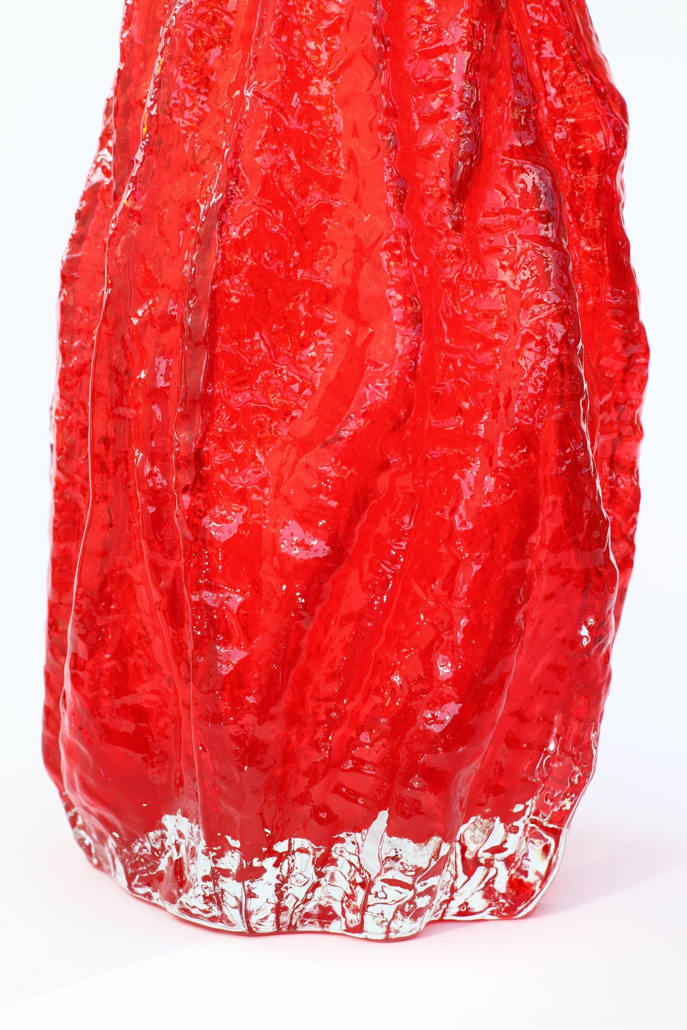 Blown Glass Vintage German Vibrant Red Glass Tree Bark Vase by Ingrid Glas, circa 1970s