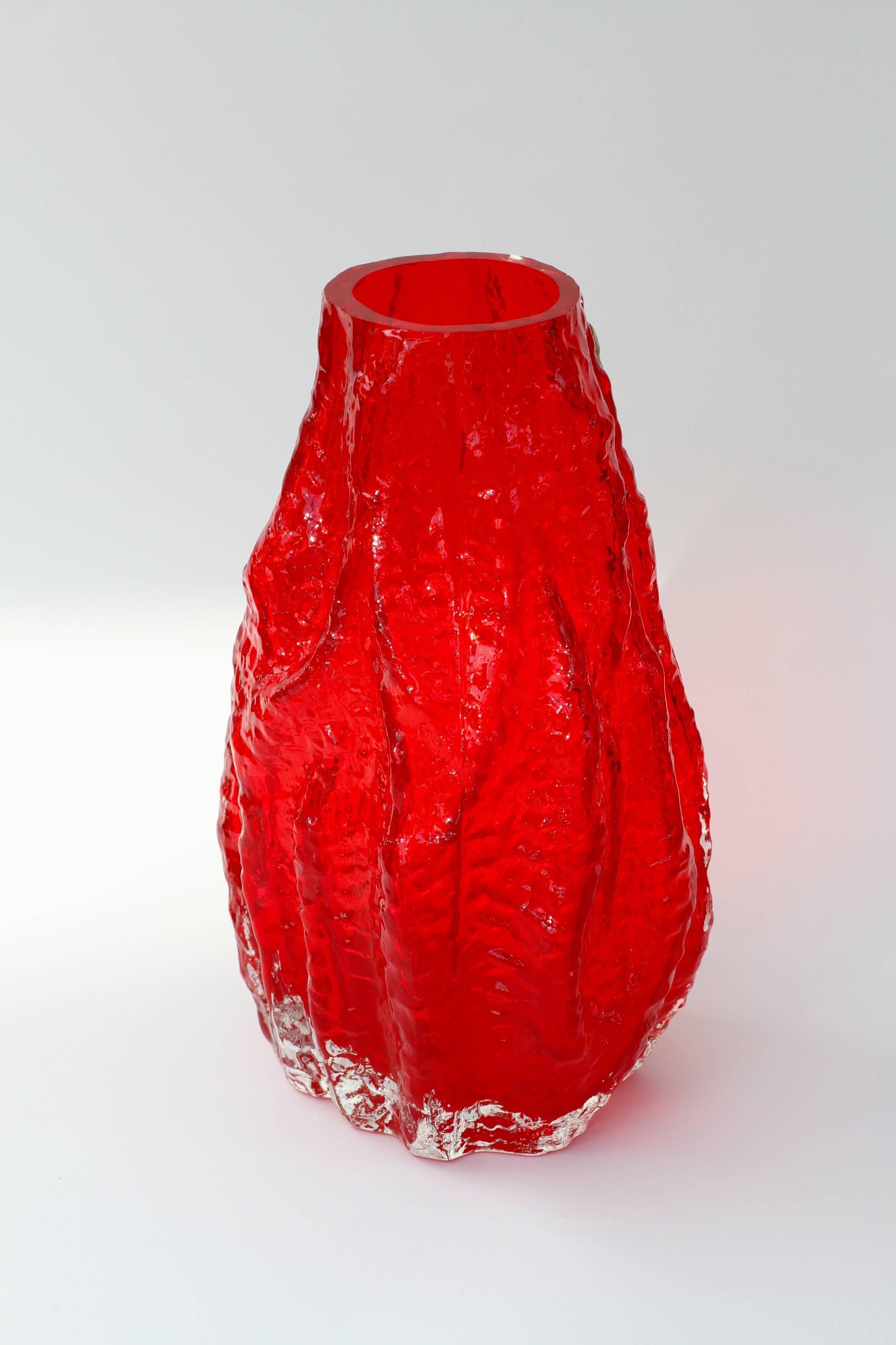 Molded Vintage German Vibrant Red Glass Tree Bark Vase by Ingrid Glas, circa 1970s