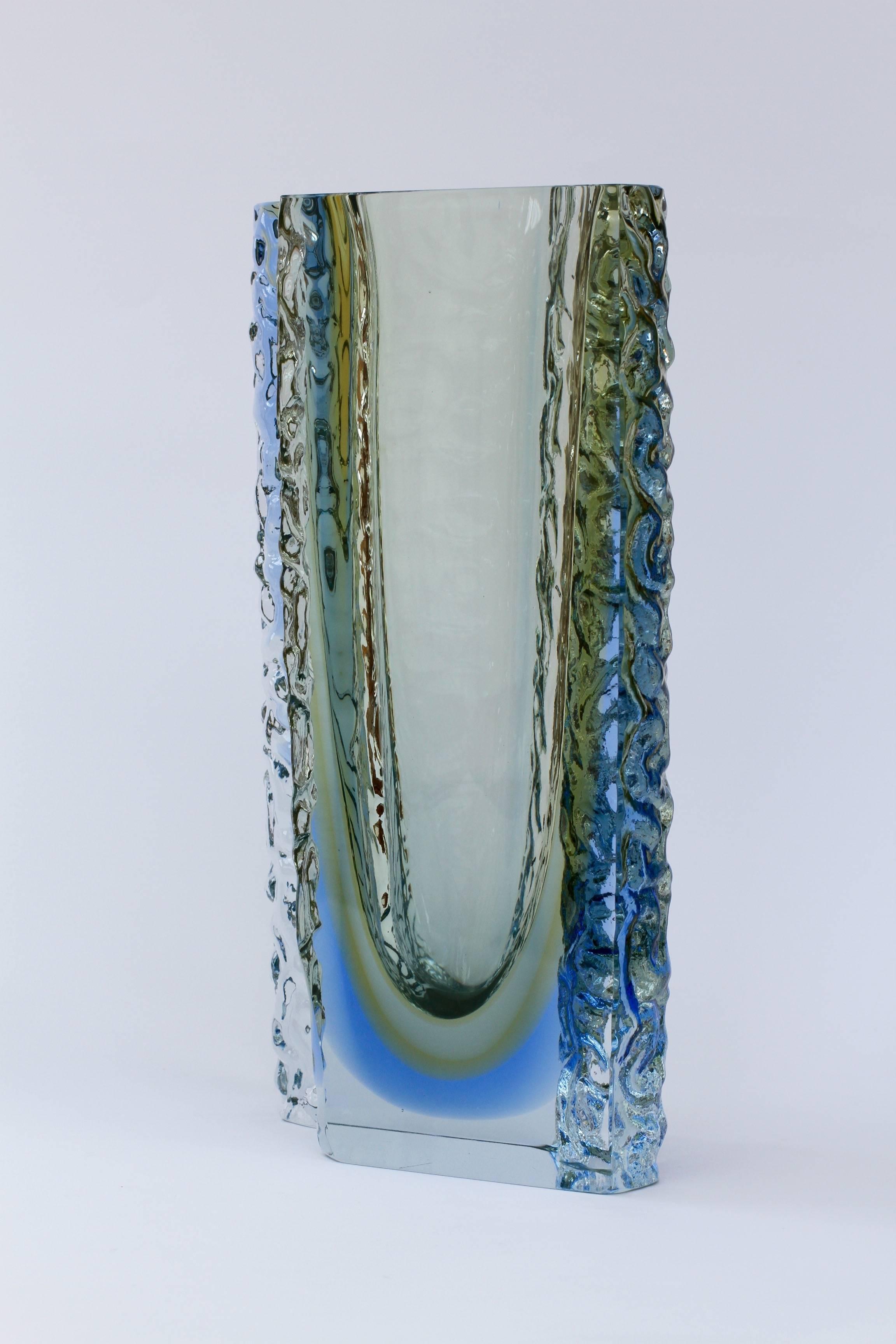 Italian Large Textured Murano 'Sommerso' Blue Ice Glass Vase Attributed to Mandruzzato