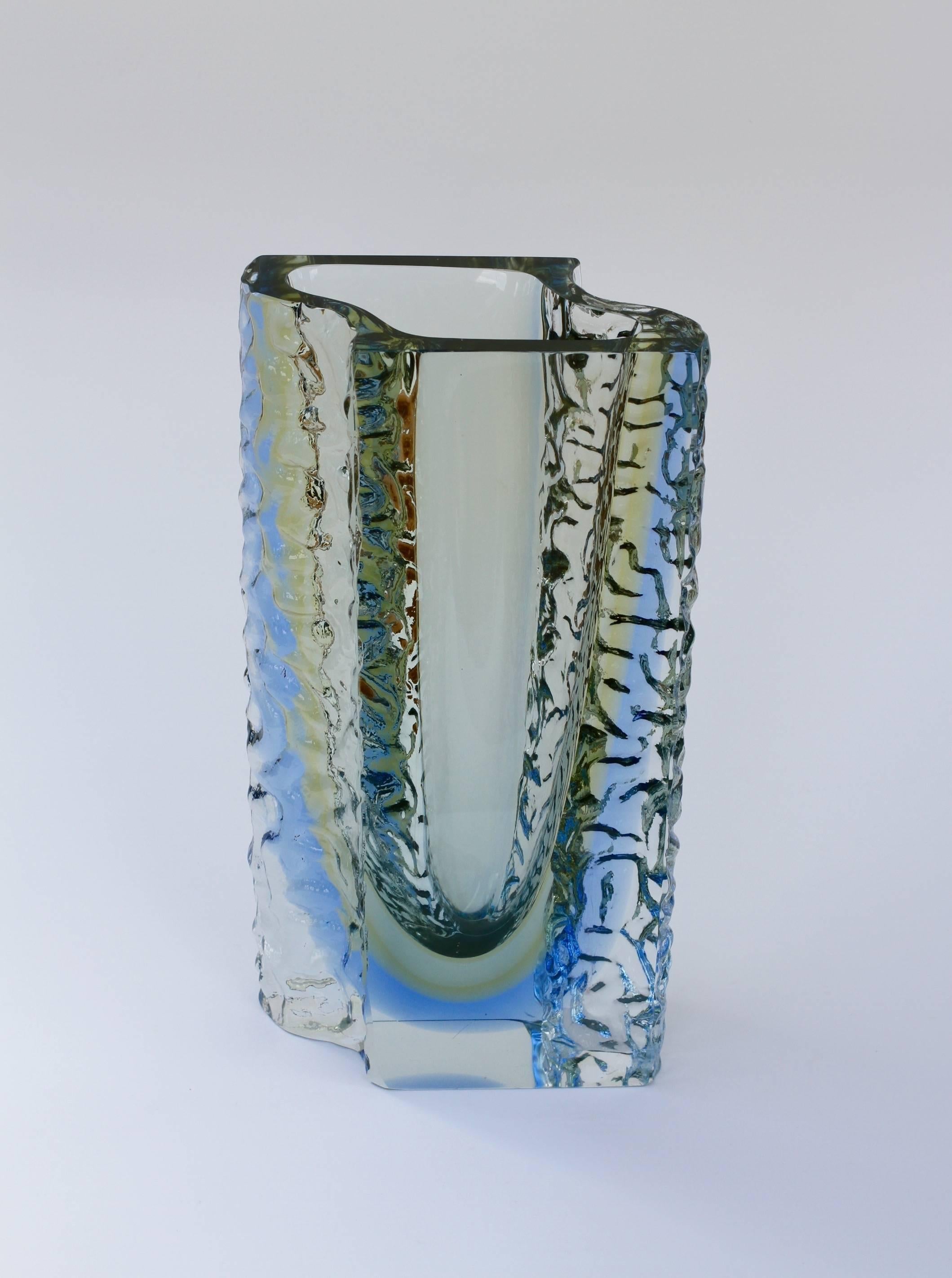 Molded Large Textured Murano 'Sommerso' Blue Ice Glass Vase Attributed to Mandruzzato