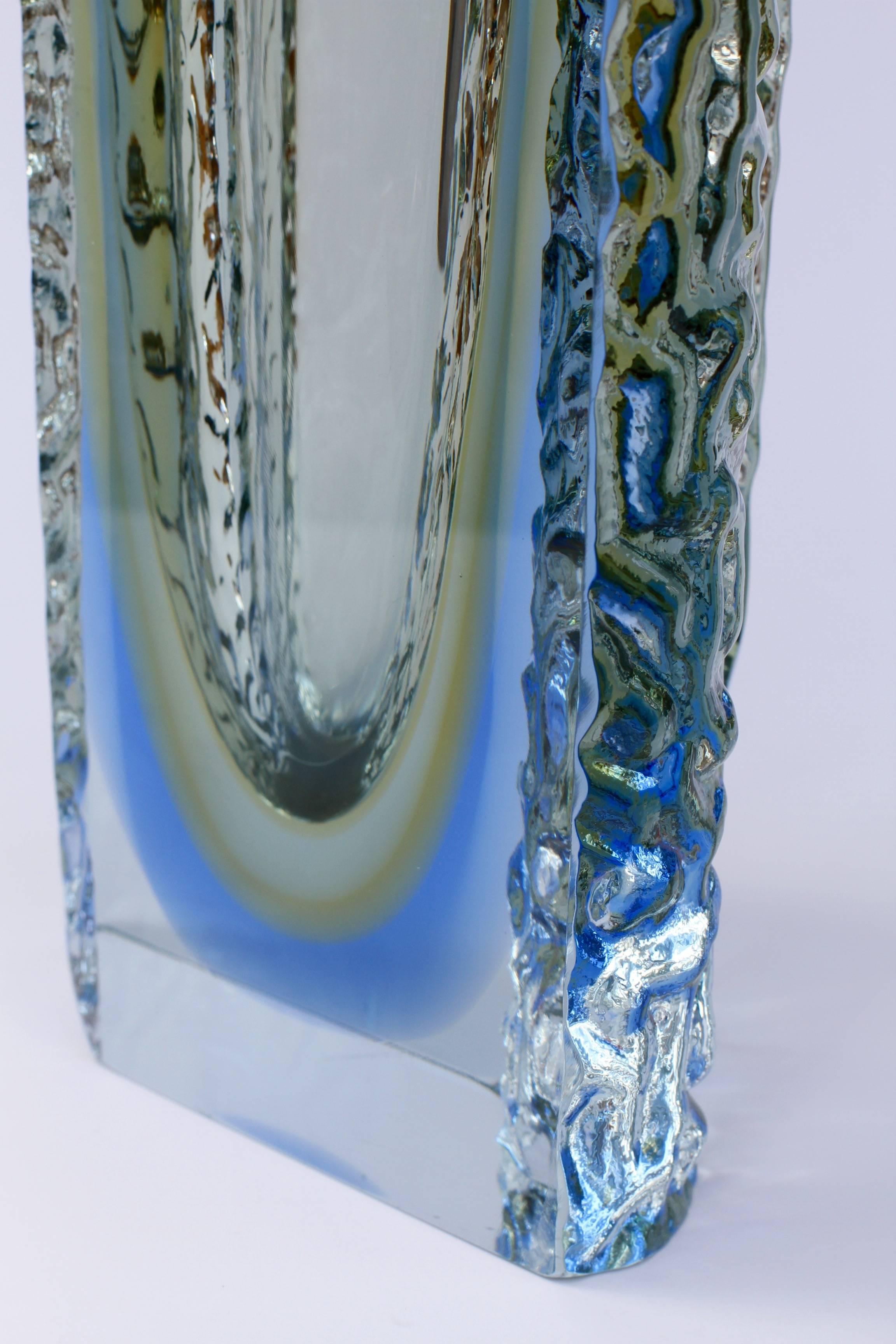 Art Glass Large Textured Murano 'Sommerso' Blue Ice Glass Vase Attributed to Mandruzzato