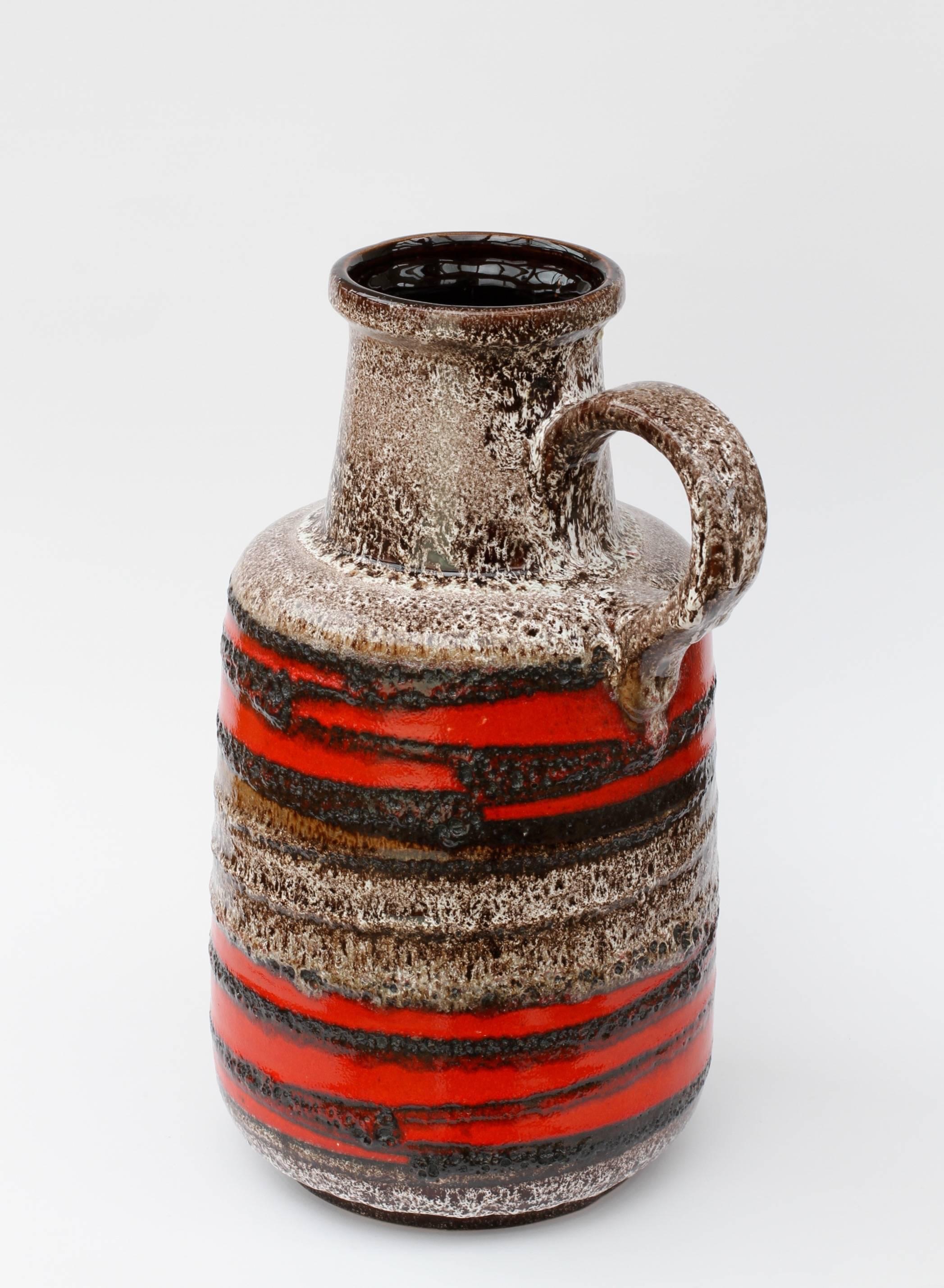 Mid-Century Modern Large Midcentury West German Red Striped Vase with Lava Glaze by Scheurich
