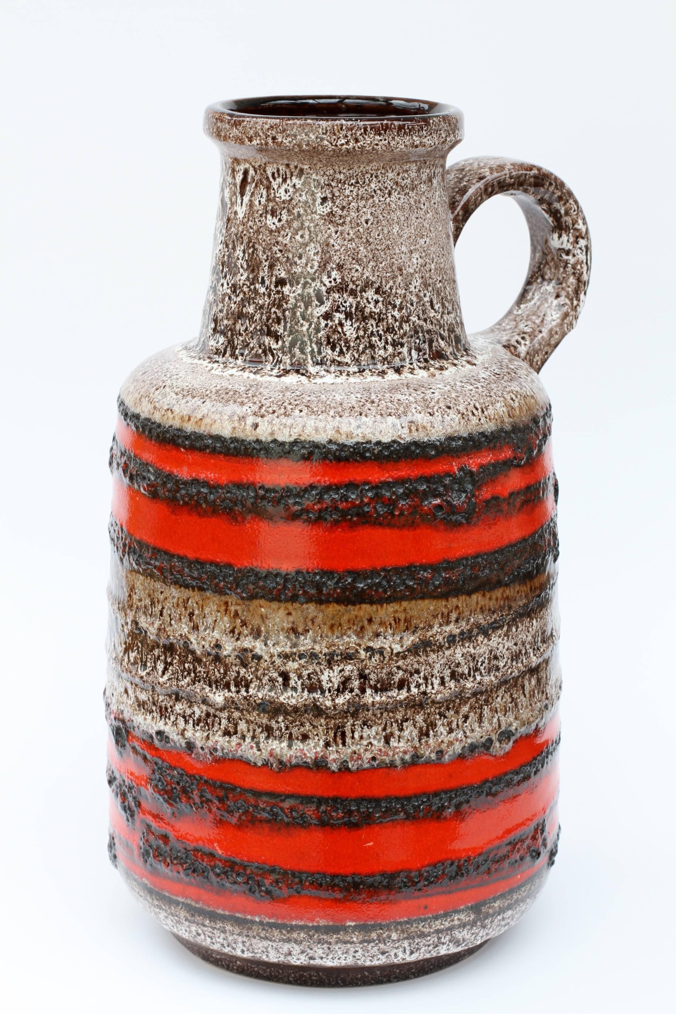 20th Century Large Midcentury West German Red Striped Vase with Lava Glaze by Scheurich