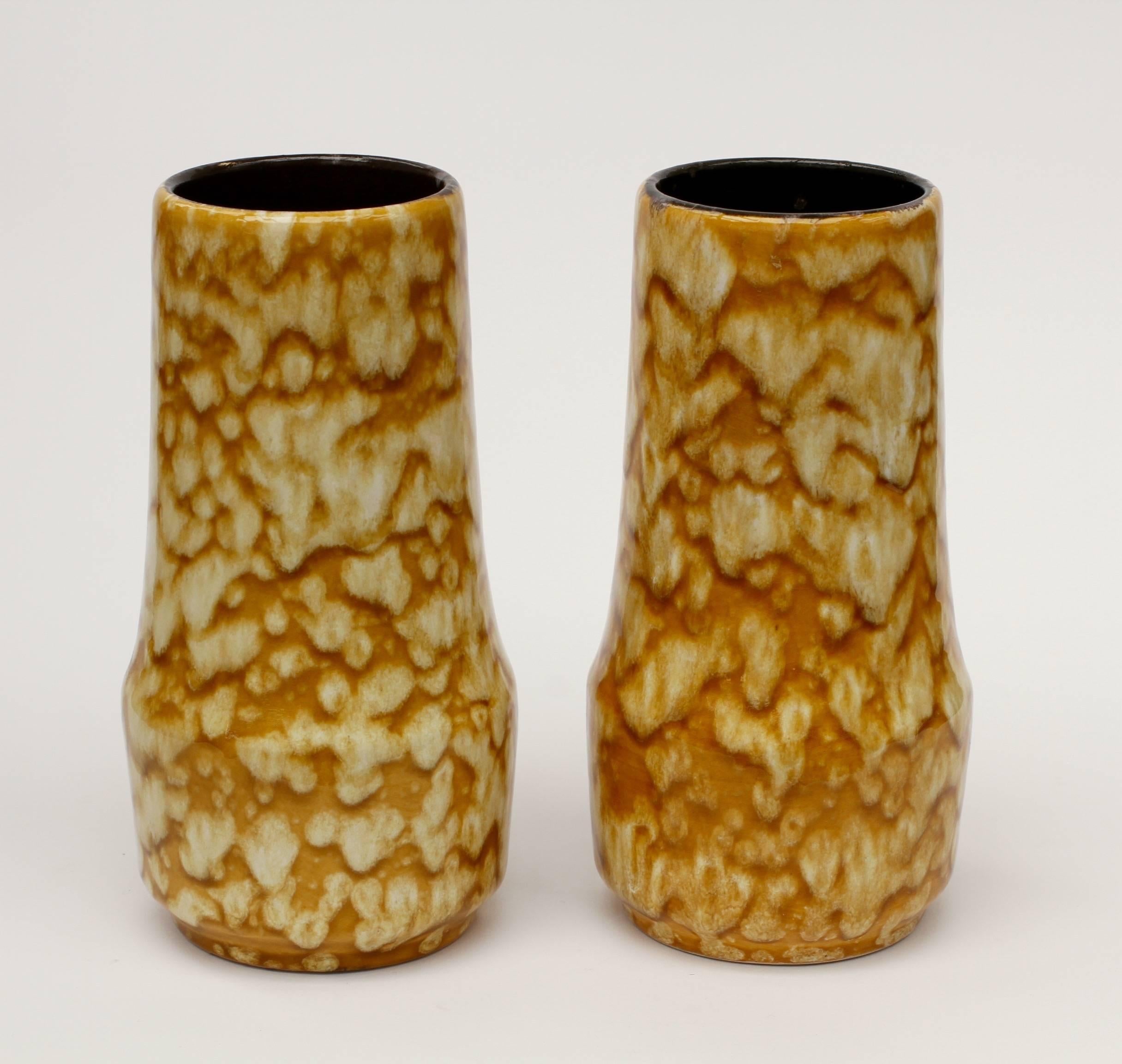 Gorgeous pair of vases by West German Pottery manufacturer Scheurich Keramik (Ceramic), circa 1965. Add a splash of color/colour to your home decor with these beautiful mustard yellow 