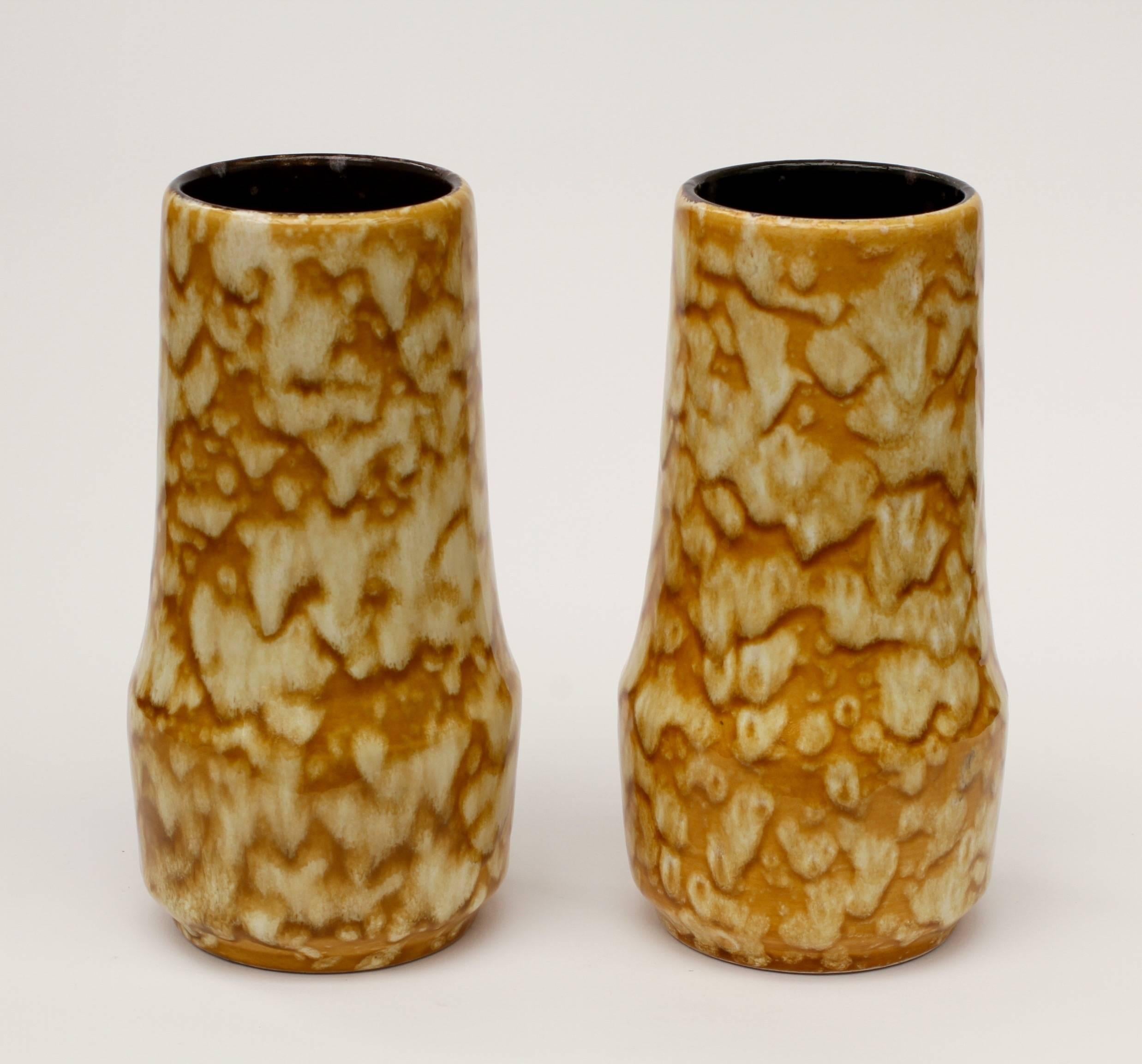 Mid-Century Modern Pair of West German Mid-Century Yellow Lava Glaze Vases by Scheurich, circa 1965 For Sale