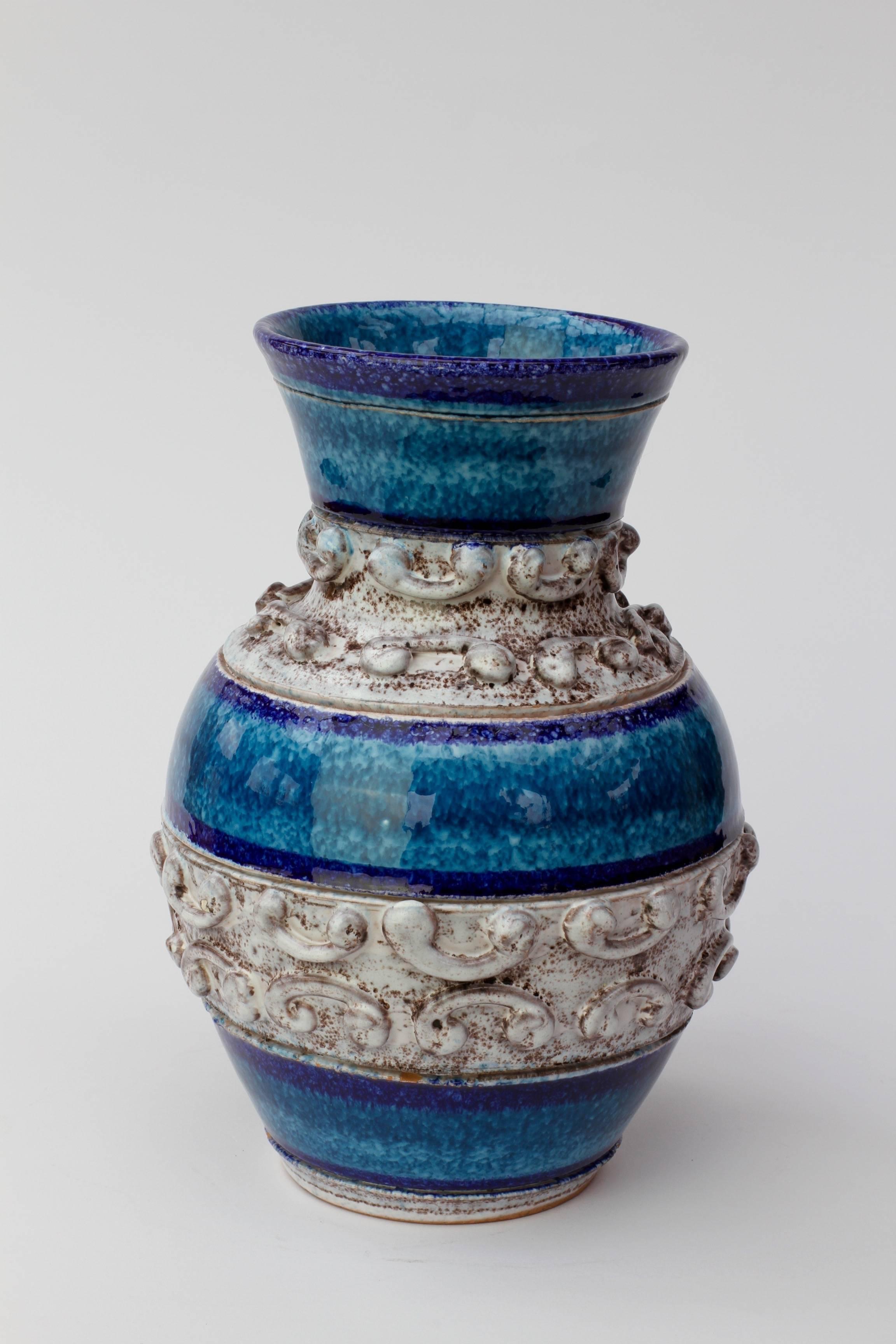 Embossed Midcentury Blue Italian Ceramic Vase by Fratelli Fanciullacci, circa 1960