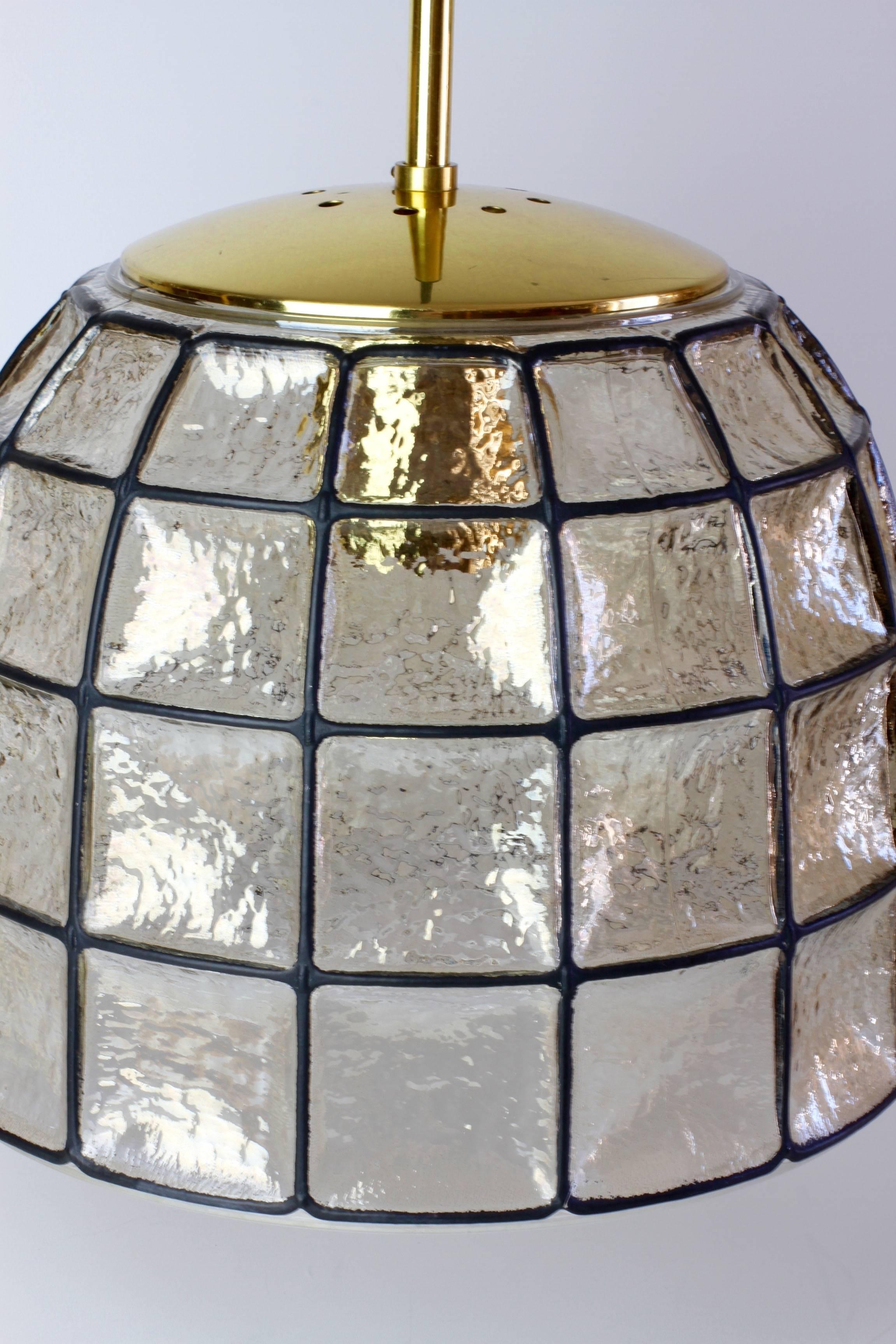 German One of a Pair 1960s Black Iron & Glass Honeycomb Bell Pendant Lights by Limburg