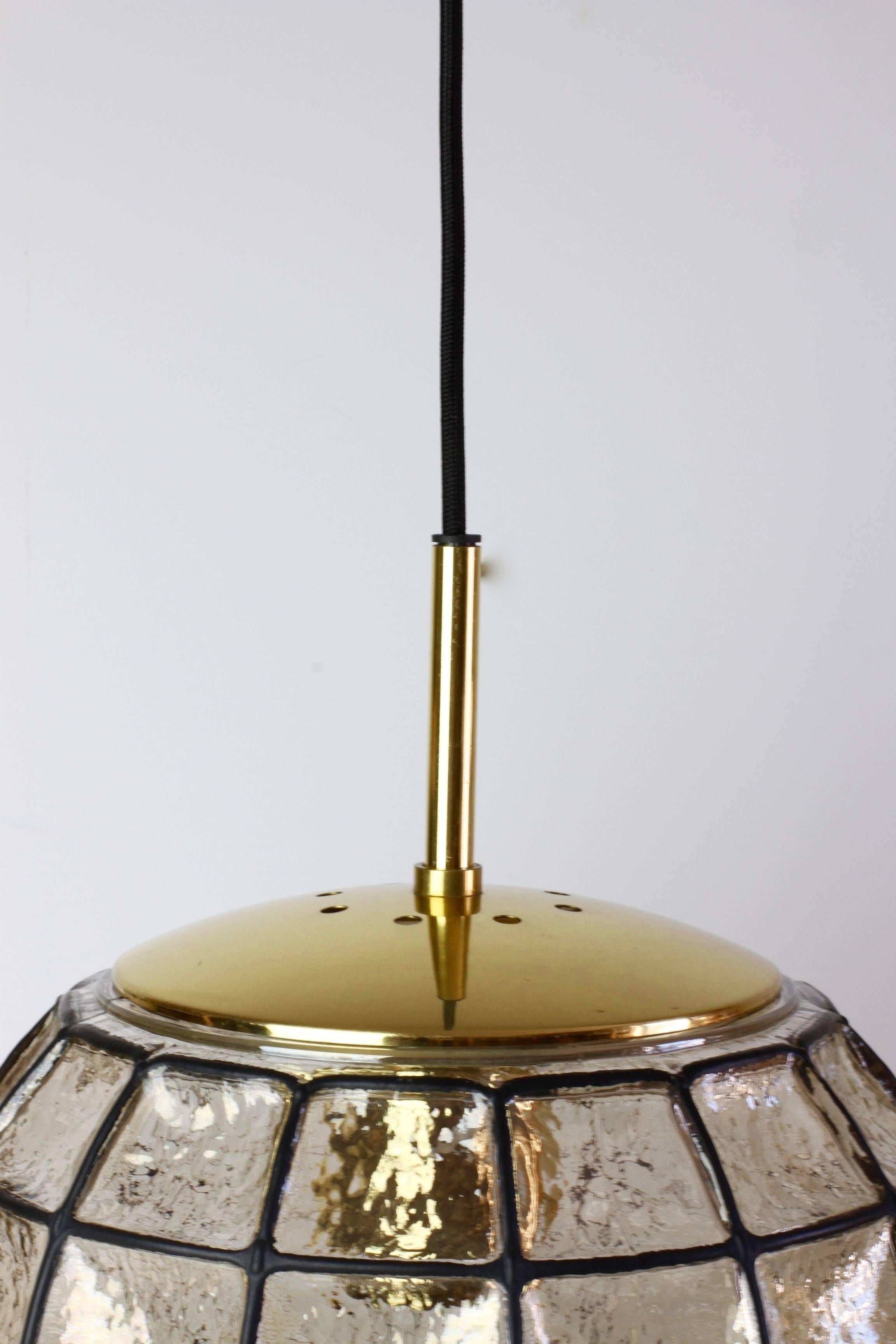 Brass One of a Pair 1960s Black Iron & Glass Honeycomb Bell Pendant Lights by Limburg