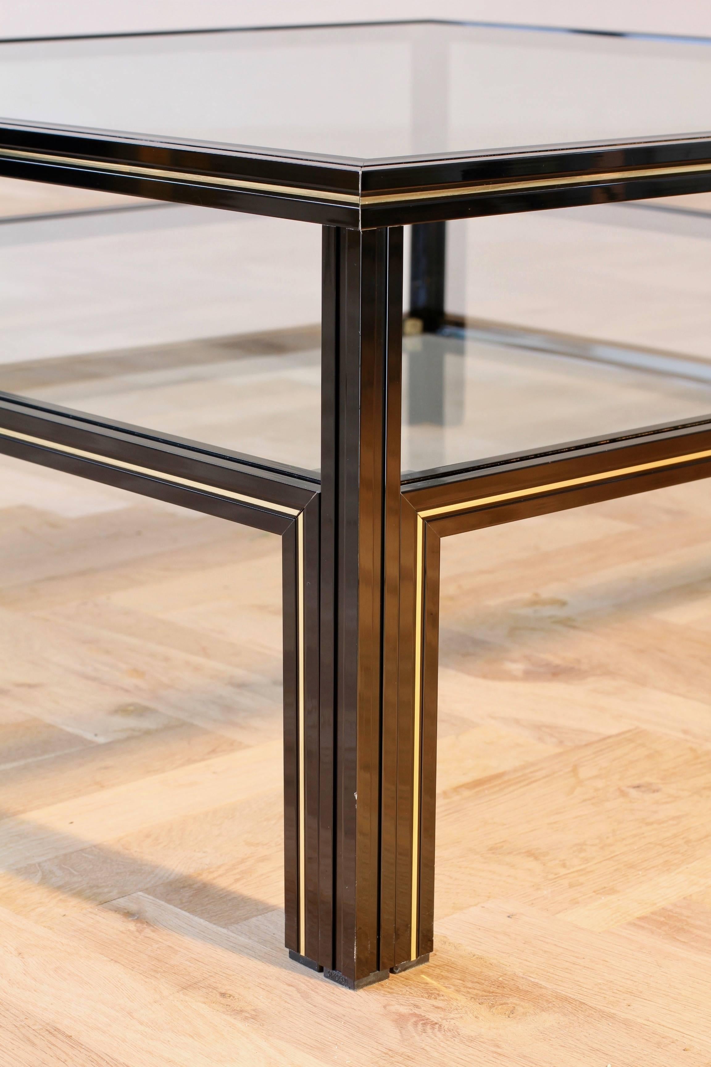 Metal Pierre Vandel Signed Large Black and Gold Two-Tiered Square Coffee Table, 1980s