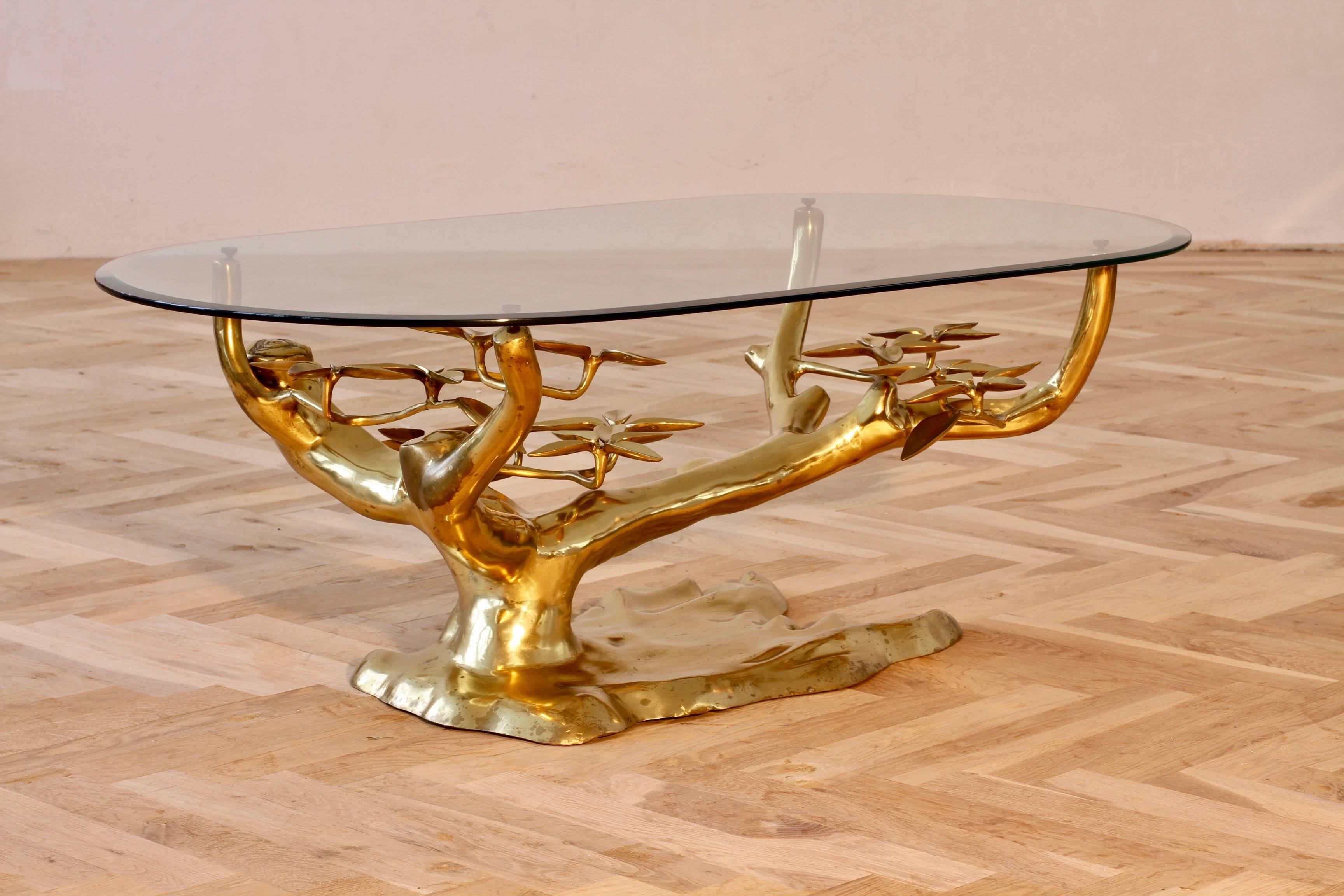 Hollywood Regency Stunning Cast Brass & Glass 'Bonsai' Tree Coffee/Cocktail Table, Belgium