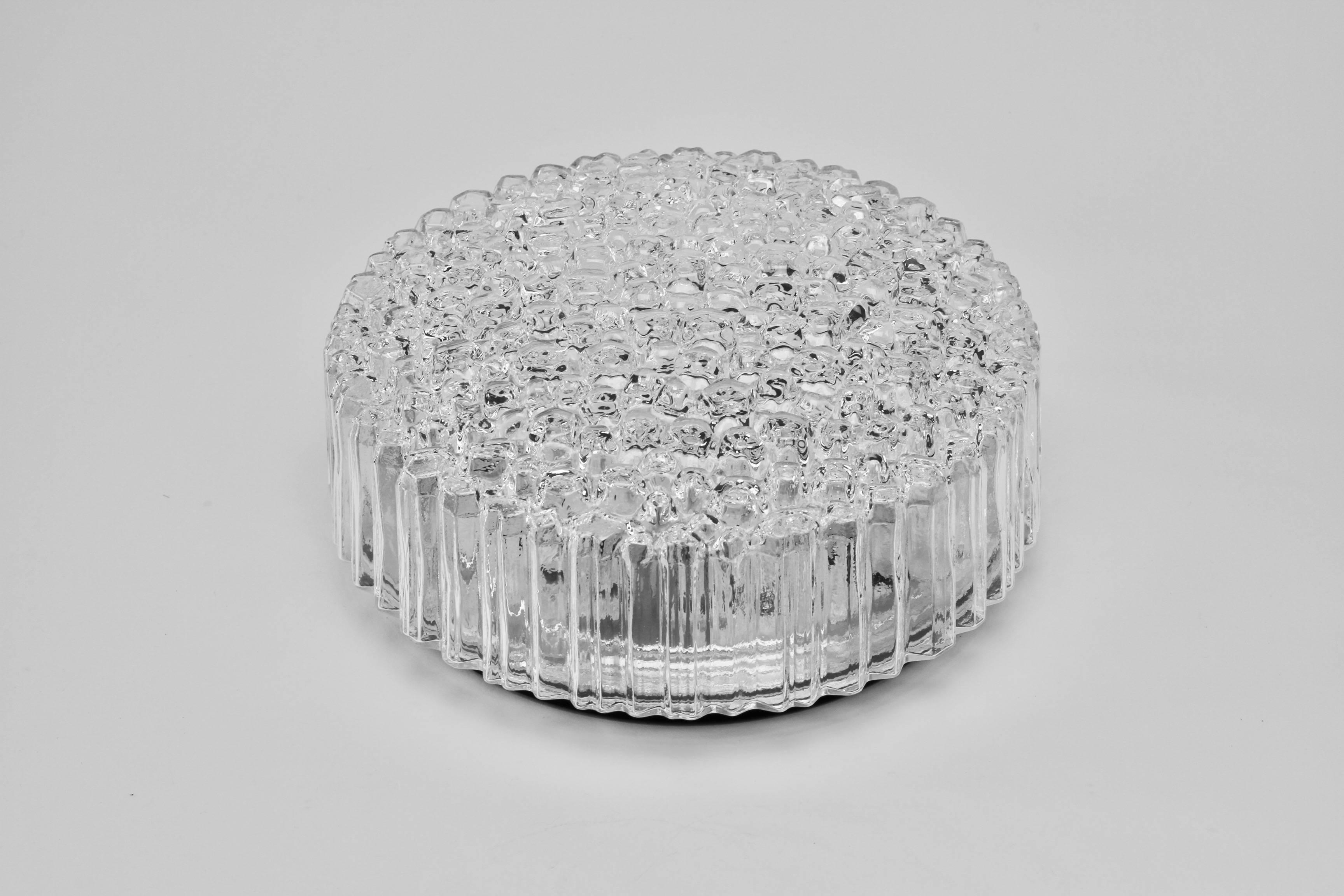 Mid-Century Modern One of a Pair Limburg Vintage 1970s Textured Clear Ice Crystal Glass Flush Mount