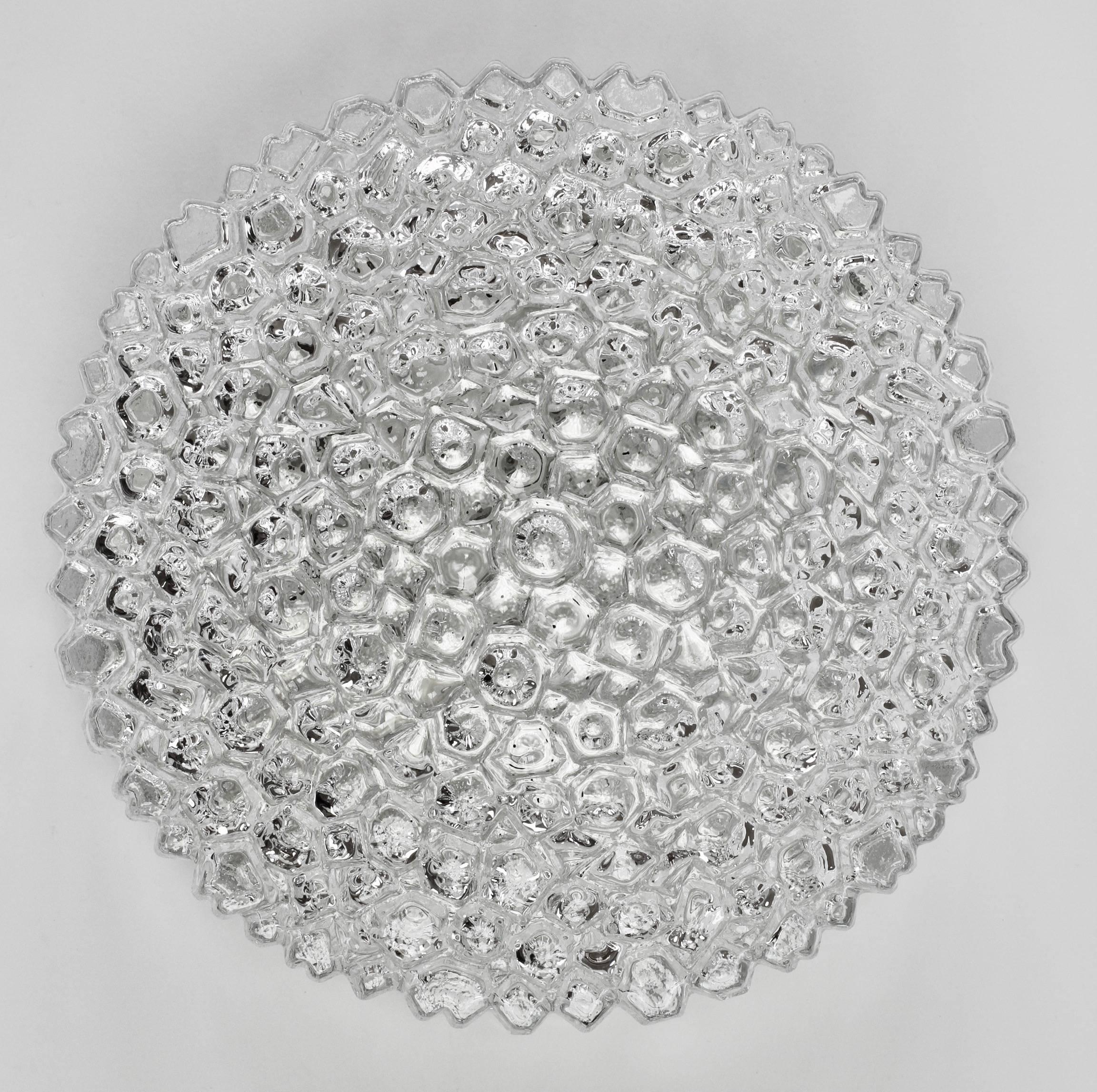 Late 20th Century One of a Pair Limburg Vintage 1970s Textured Clear Ice Crystal Glass Flush Mount
