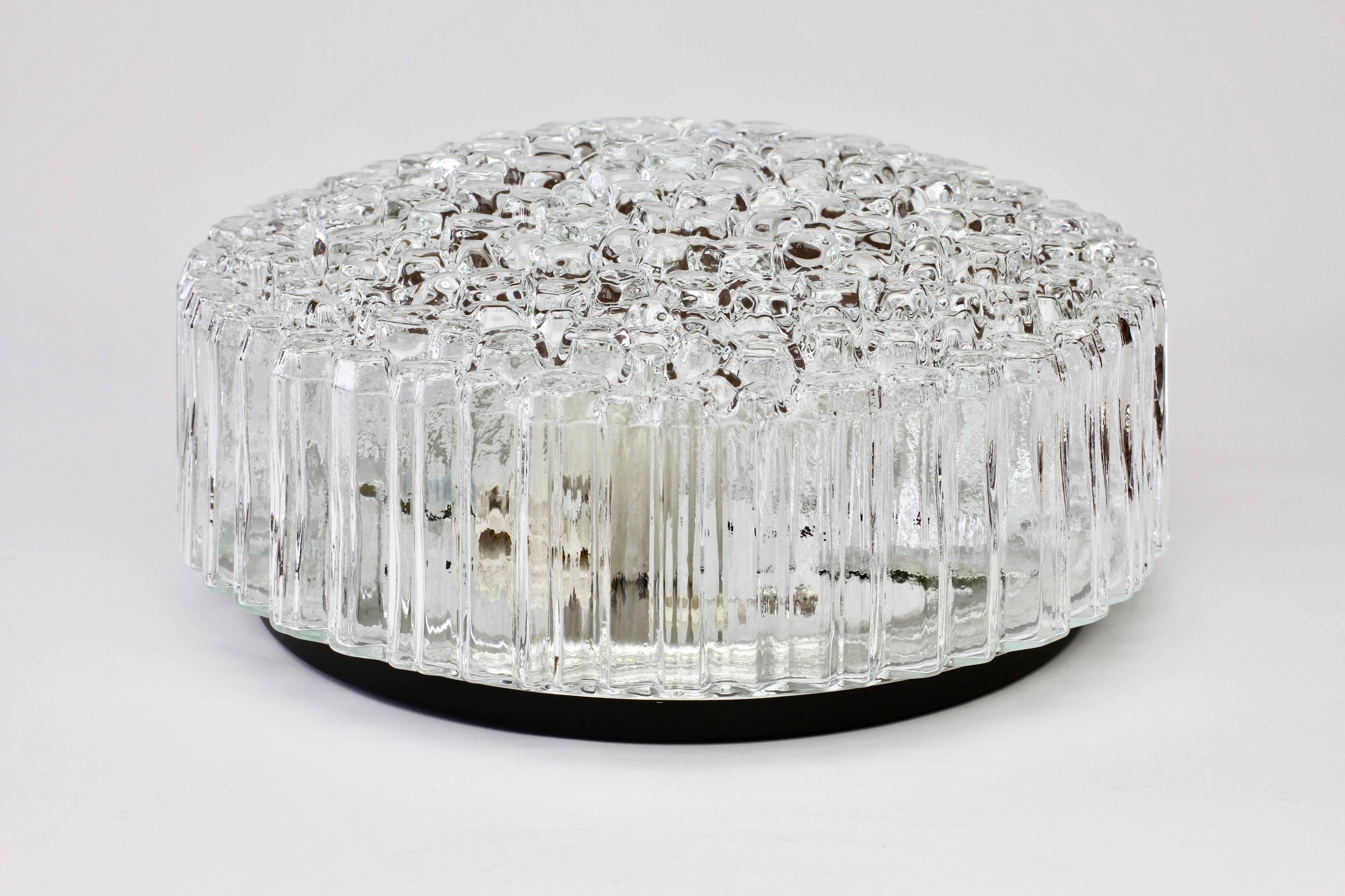 Molded One of a Pair Limburg Vintage 1970s Textured Clear Ice Crystal Glass Flush Mount