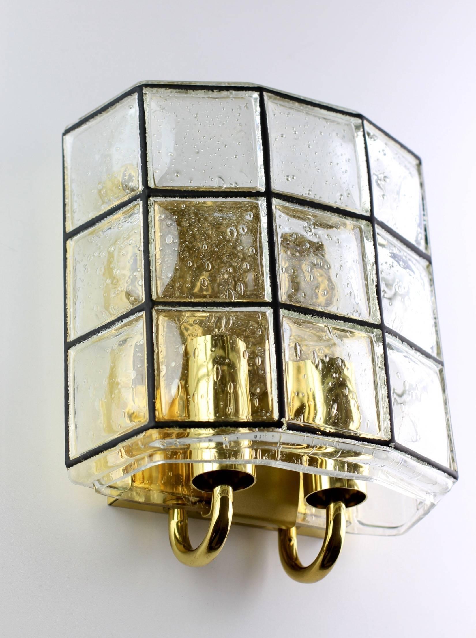 German Large Mid-Century Pair of Iron and Bubble Glass Wall Lights by Glashütte Limburg For Sale