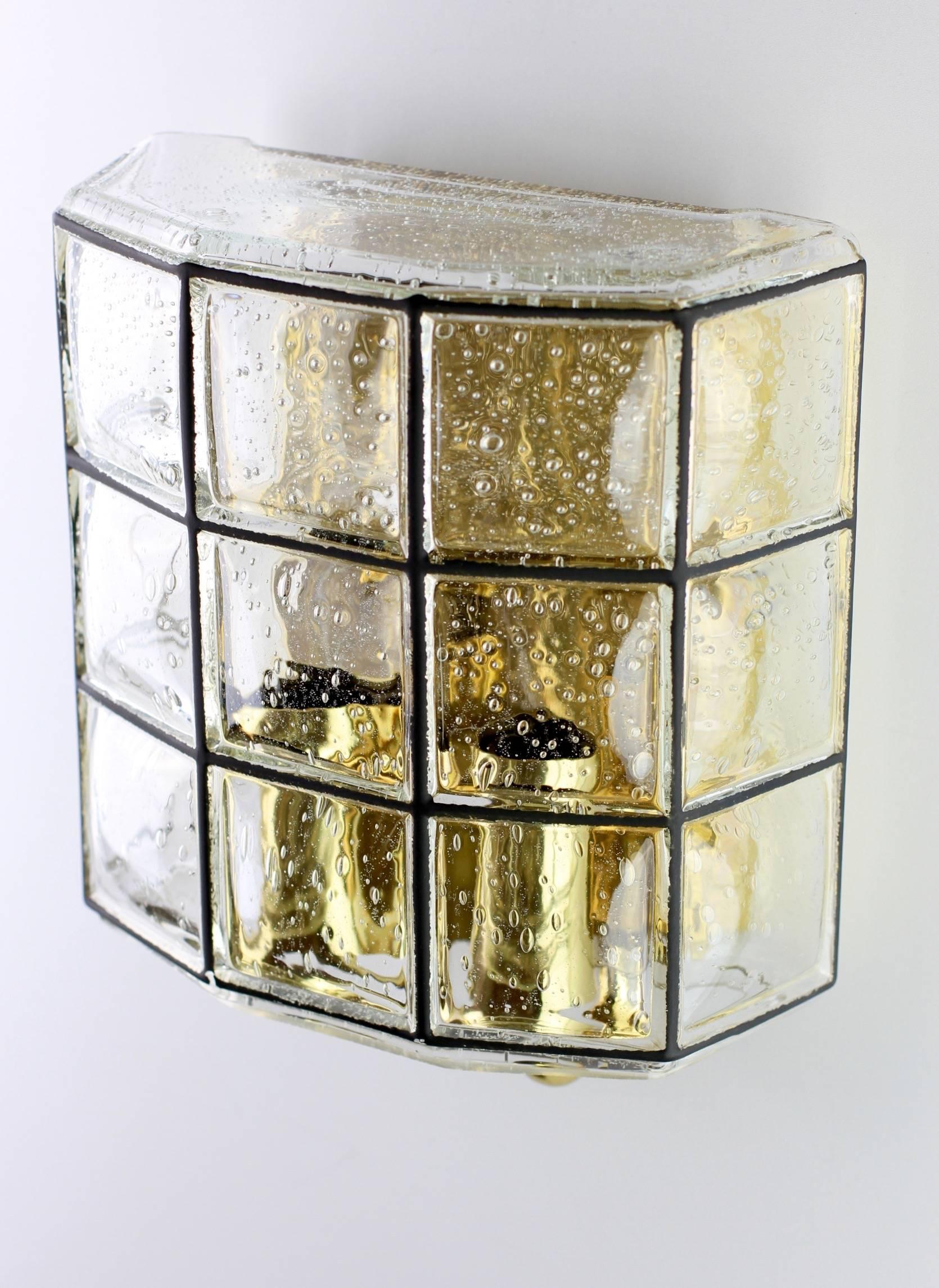 Polished Large Mid-Century Pair of Iron and Bubble Glass Wall Lights by Glashütte Limburg For Sale