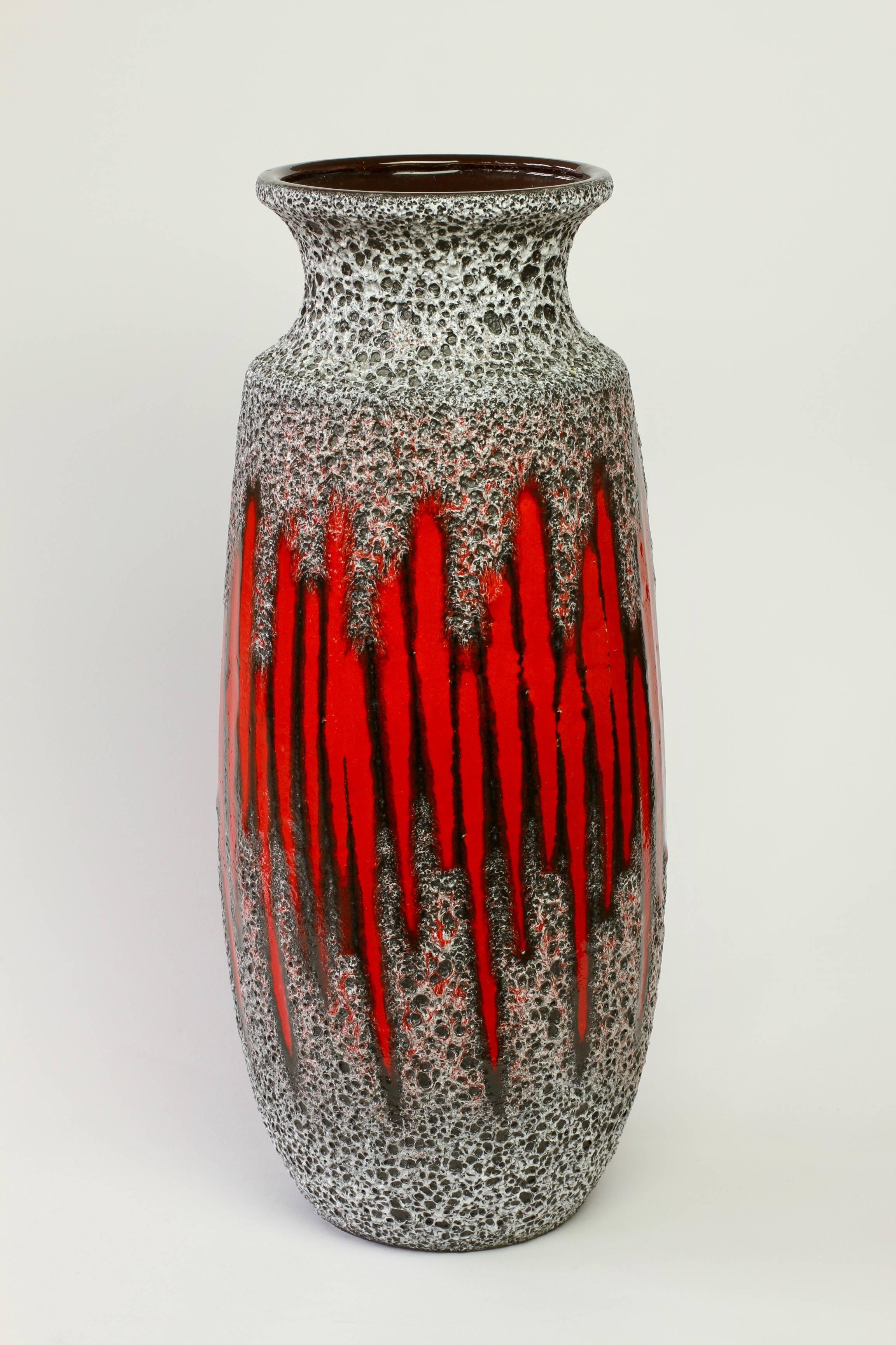 Mid-Century Modern Tall Mid-Century West German Pottery Red Striped Vase Lava Glaze by Scheurich
