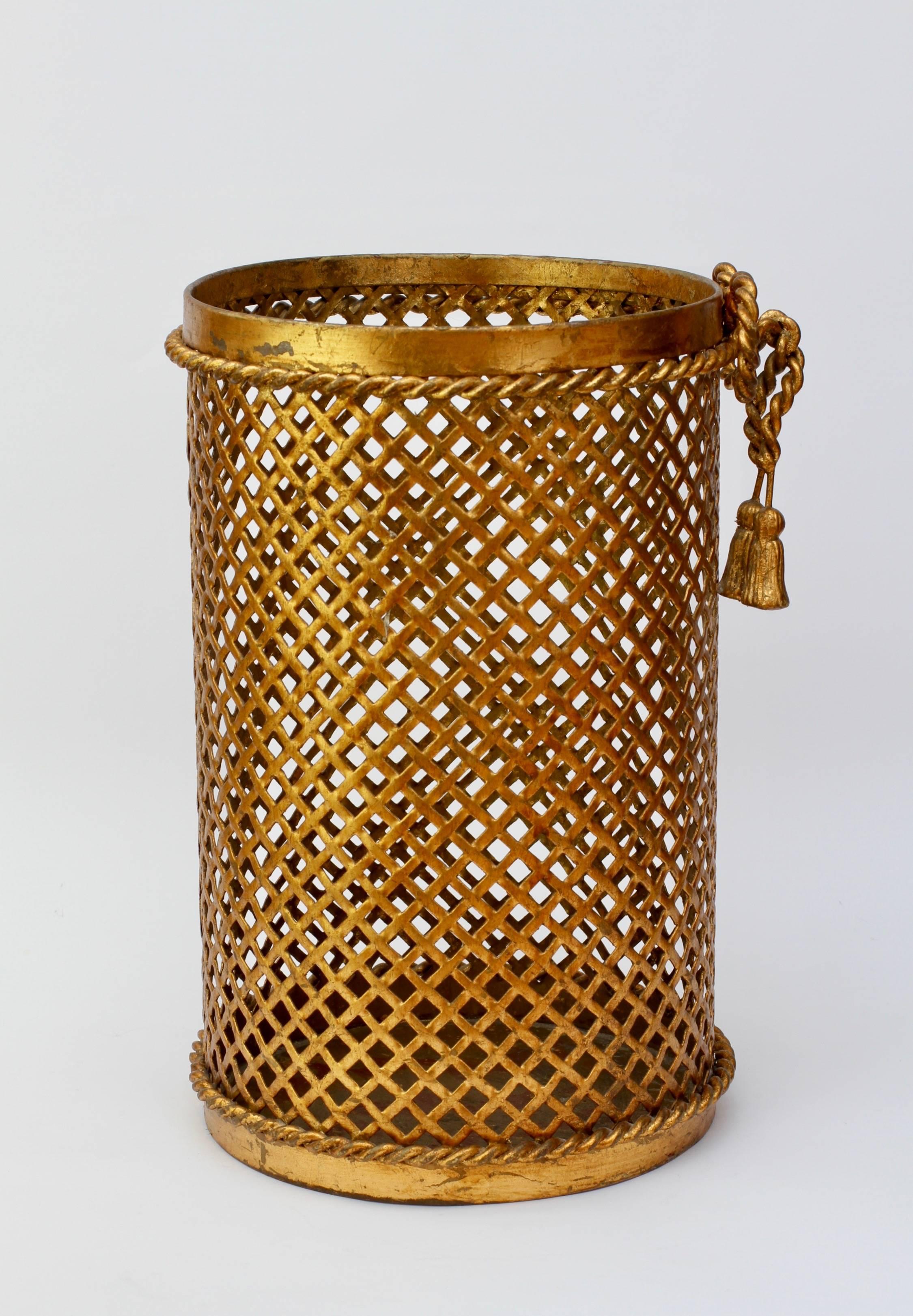 20th Century Mid-Century 1950s Hollywood Regency Italian Gold Gilded Waste Paper Basket