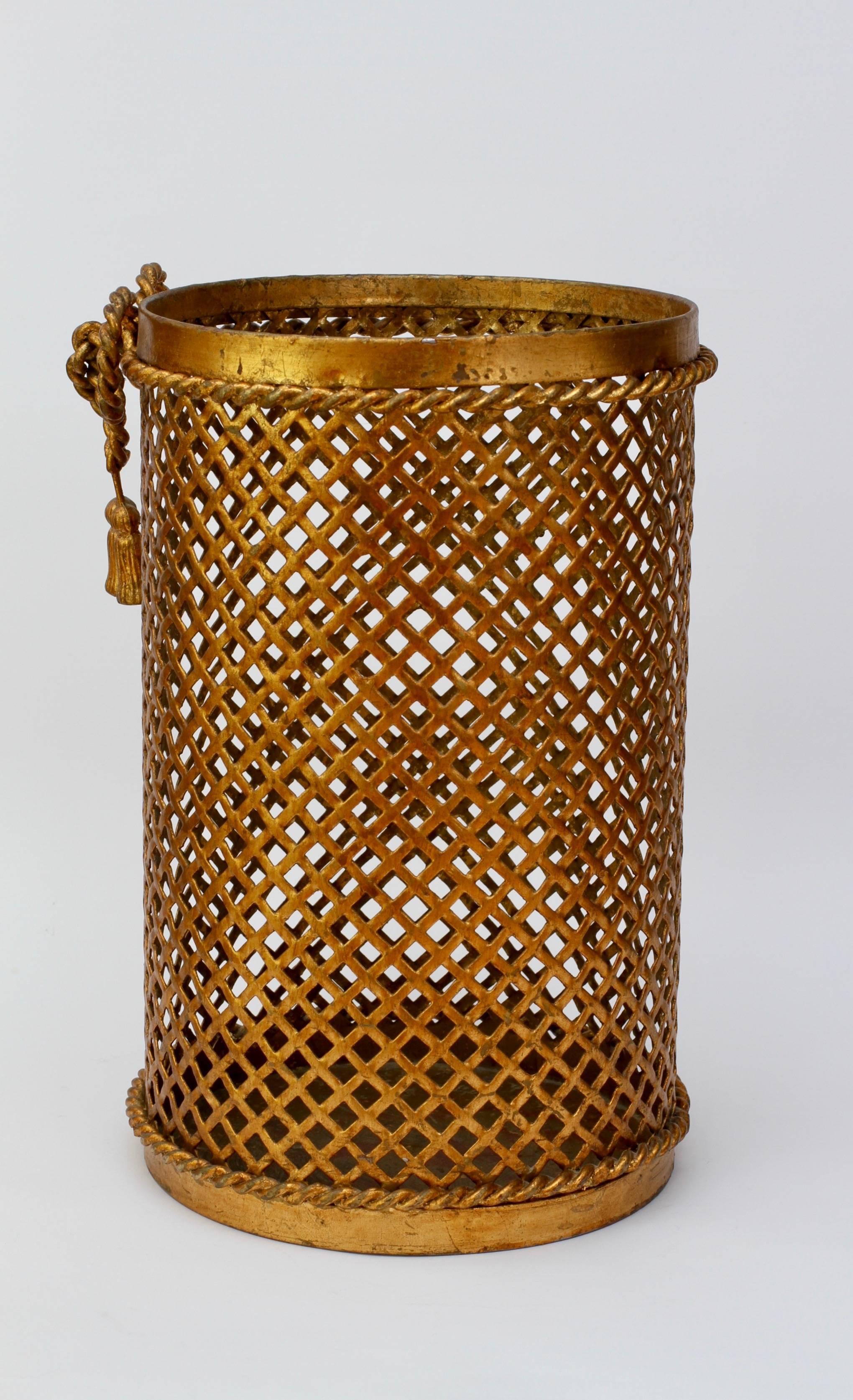 Gilt Mid-Century 1950s Hollywood Regency Italian Gold Gilded Waste Paper Basket