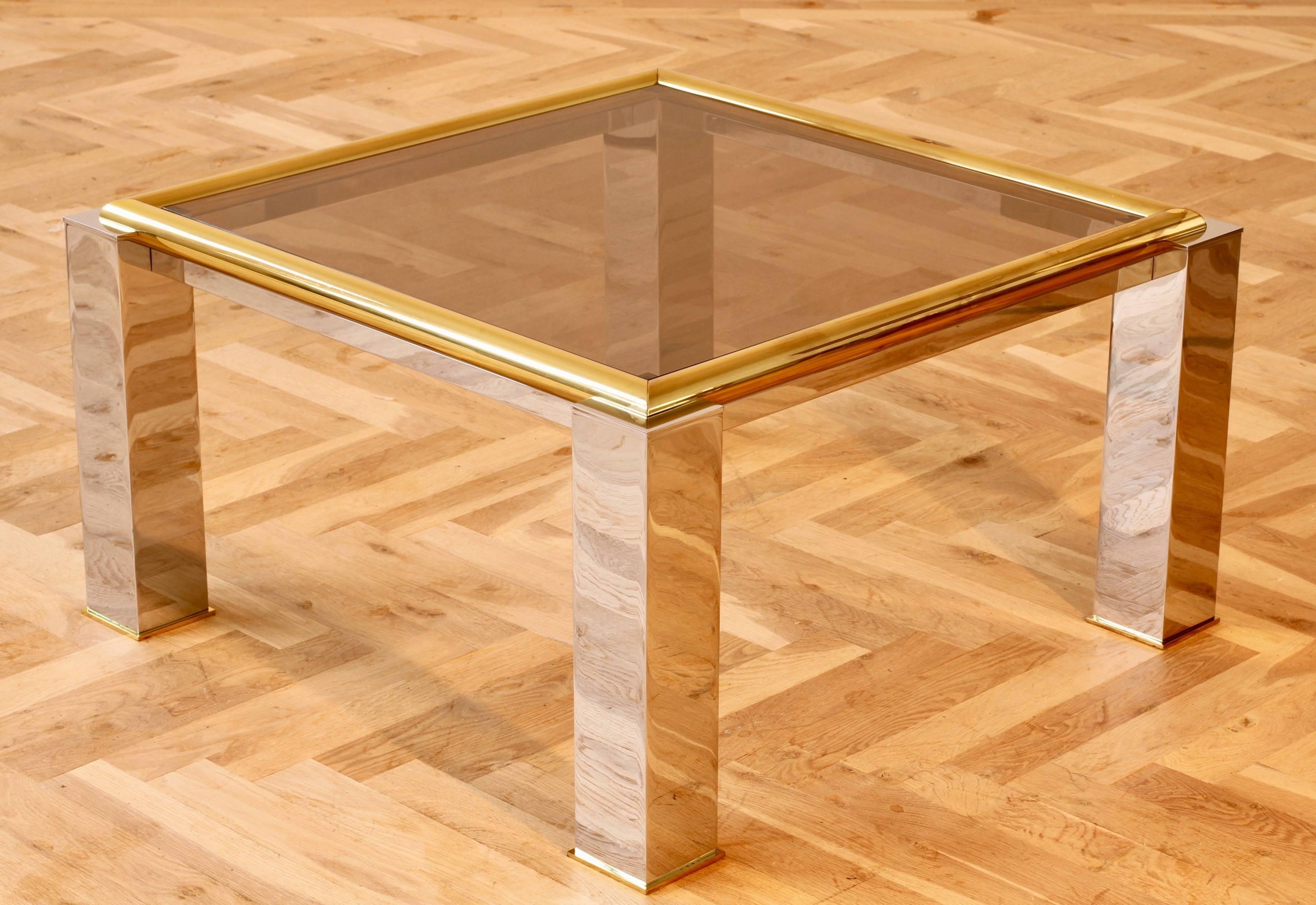 Large Mid-Century Vintage Square Bicolor Brass and Chrome Coffee Table 1970s 2