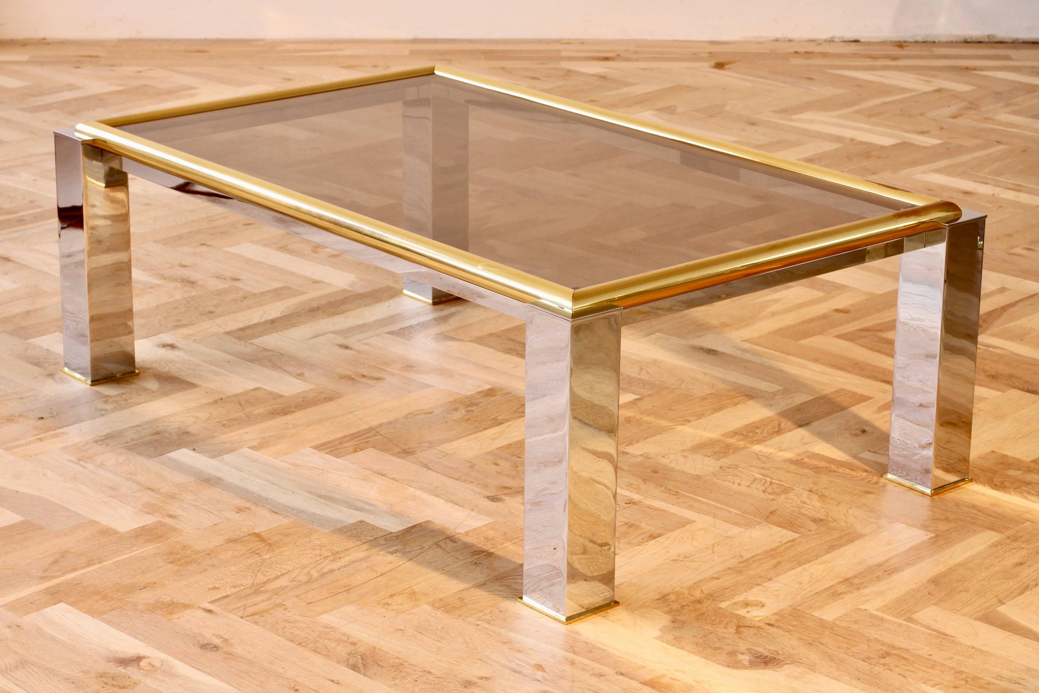 Italian Large Bicolor Coffee Table Brass and Chrome Smoked Glass 1970s Springer Style