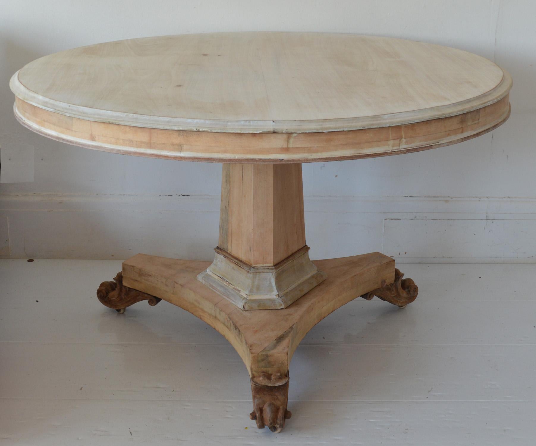 Greek Revival Large Antique Round Pine and Bleached Mahogany Table, English, circa 1830