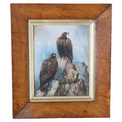 Acuarela antigua de águilas reales en un marco de arce ojo de pájaro. C.1870