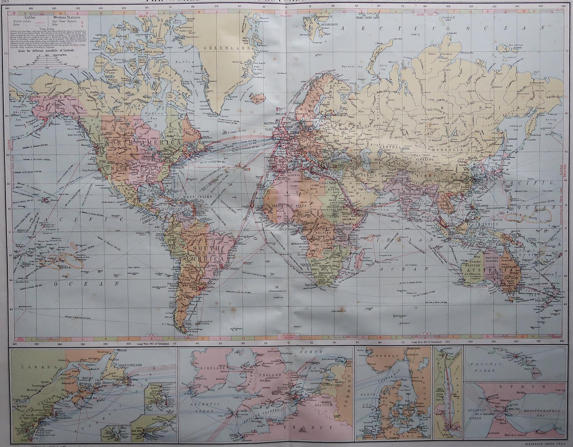 Large Original Vintage Map of The World, circa 1920 For Sale