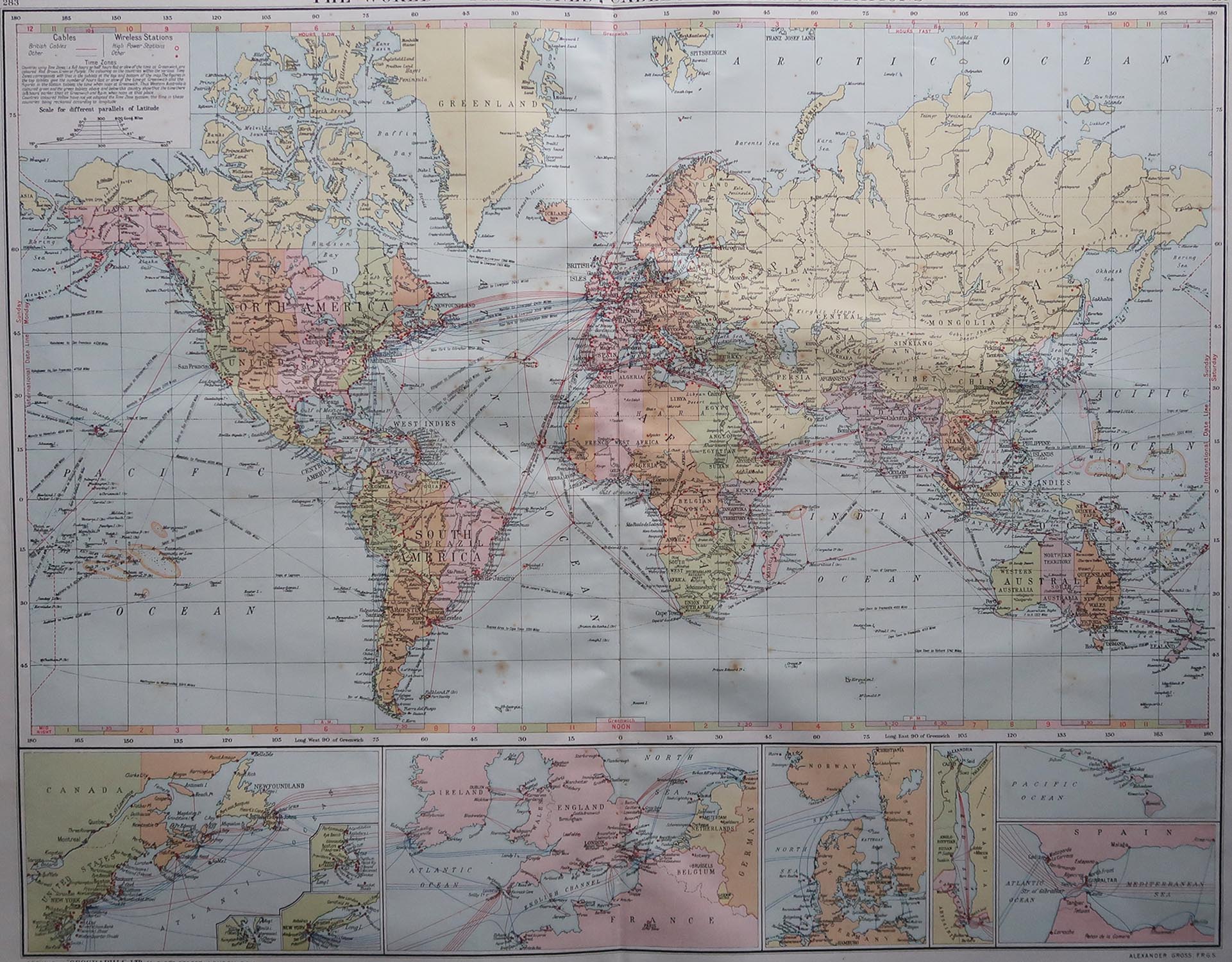 Large Original Vintage Map of The World, circa 1920